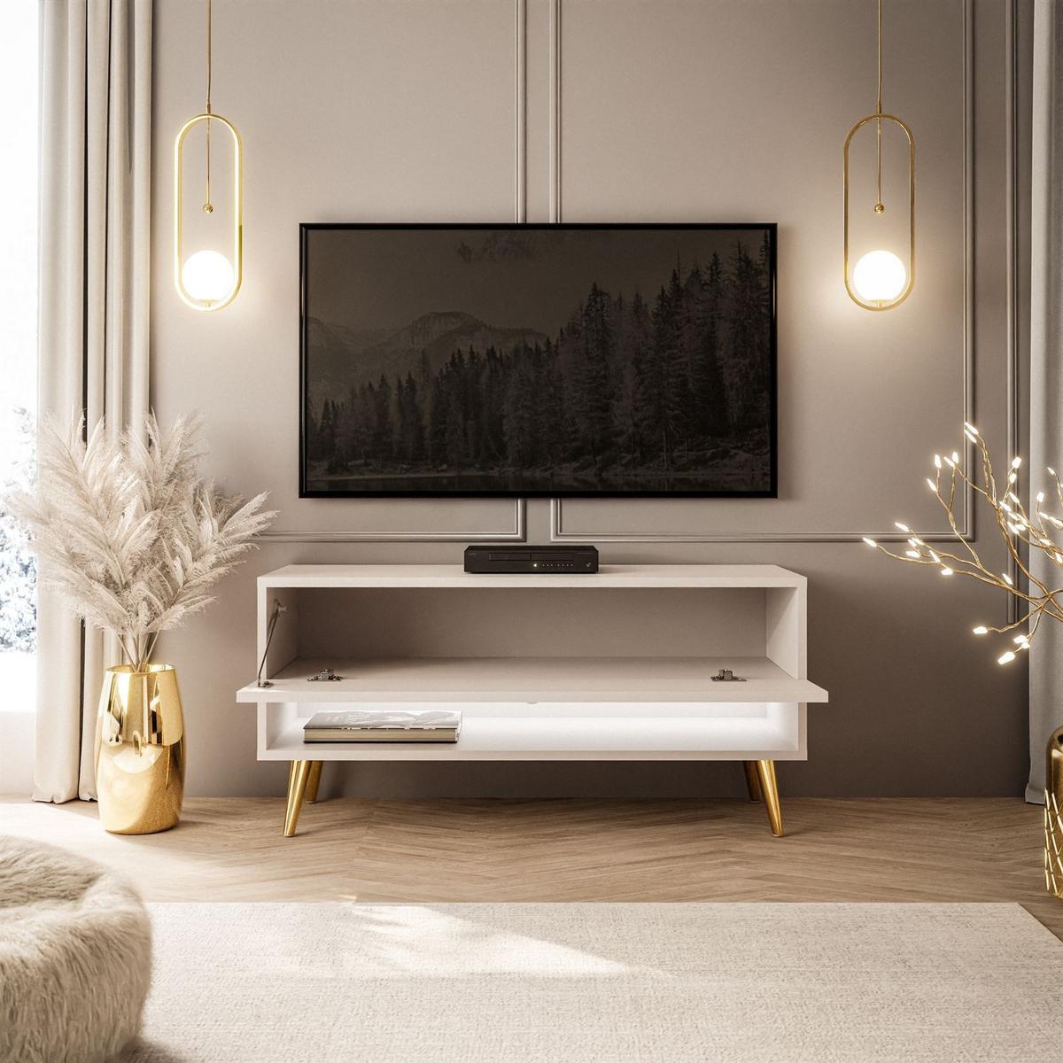 LOWBOARD TV-Schrank CALANTE 90 cm auf schrägen goldenen Chrom-Beinen - Kaschmir/Goldfarben, Holzwerkstoff/Metall (90/43/35cm) - Lookway