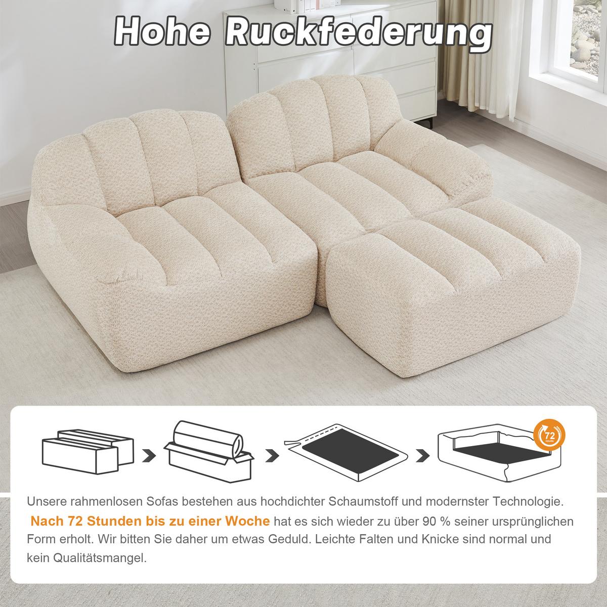ECKSOFA aus granuliertem Fleece, frameless Lounge-Design ohne Montage - Creme, Textil (210/165cm) - Urban Meuble