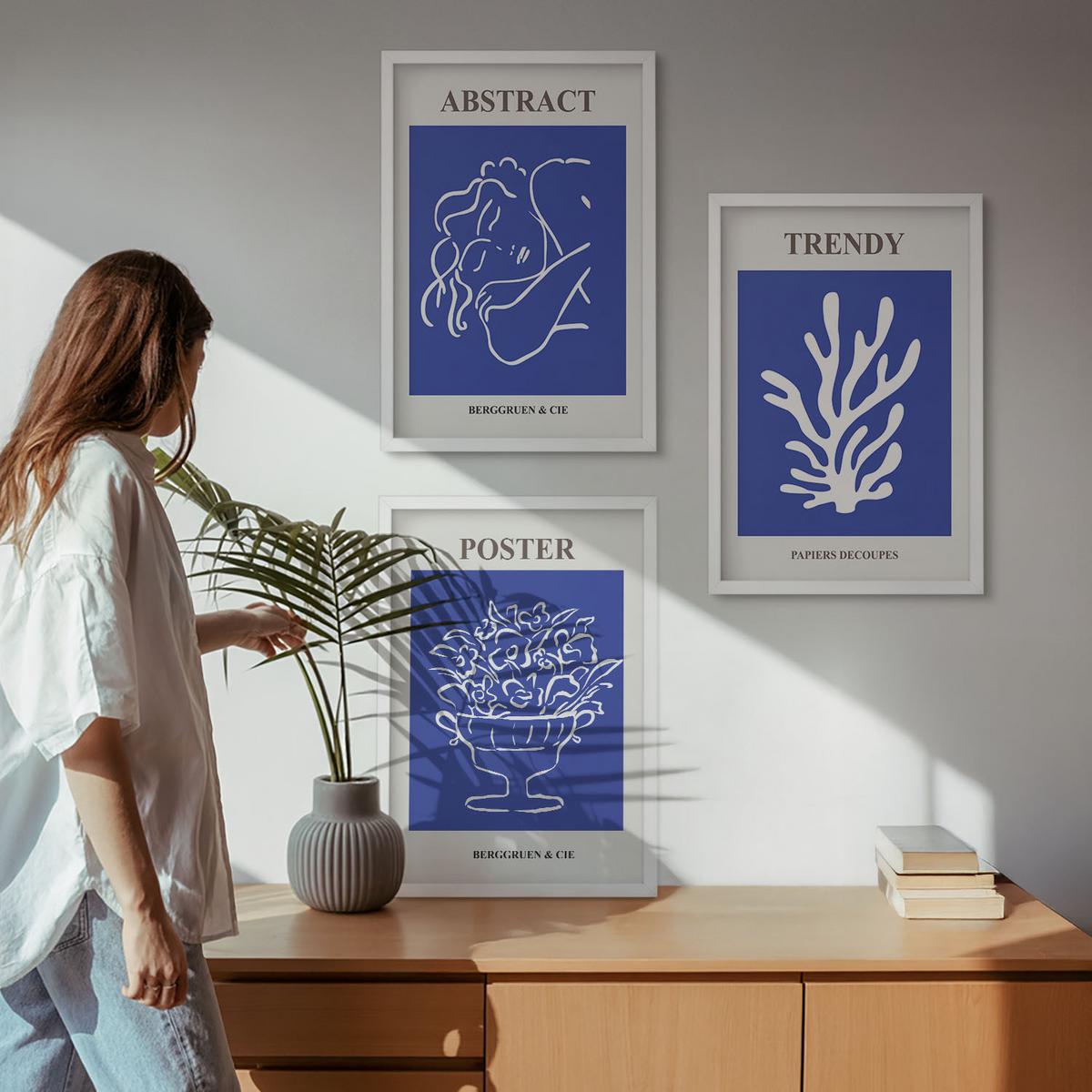 BILDER SET 3er Set - 40x60 cm Weißer Rahmen - Stilvolle blaue Poster - Weiß, Kunststoff (40/60cm) - TULUP