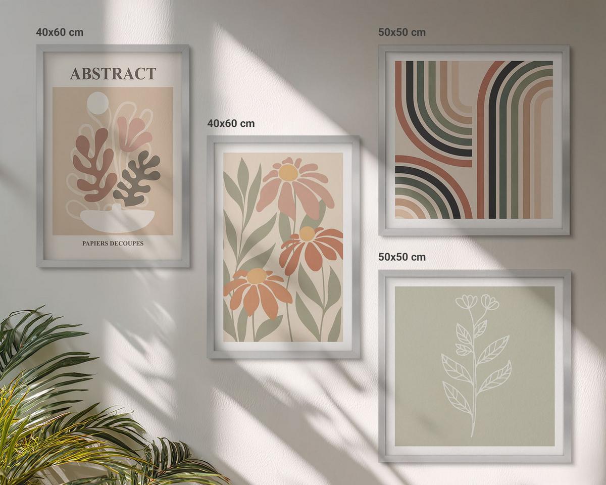 BILDER SET 4er Set - 50x50 cm & 40x60 cm Silberner Rahmen - Abstrakte Pastellpflanzen - Silberfarben, Kunststoff (50/50cm) - TULUP
