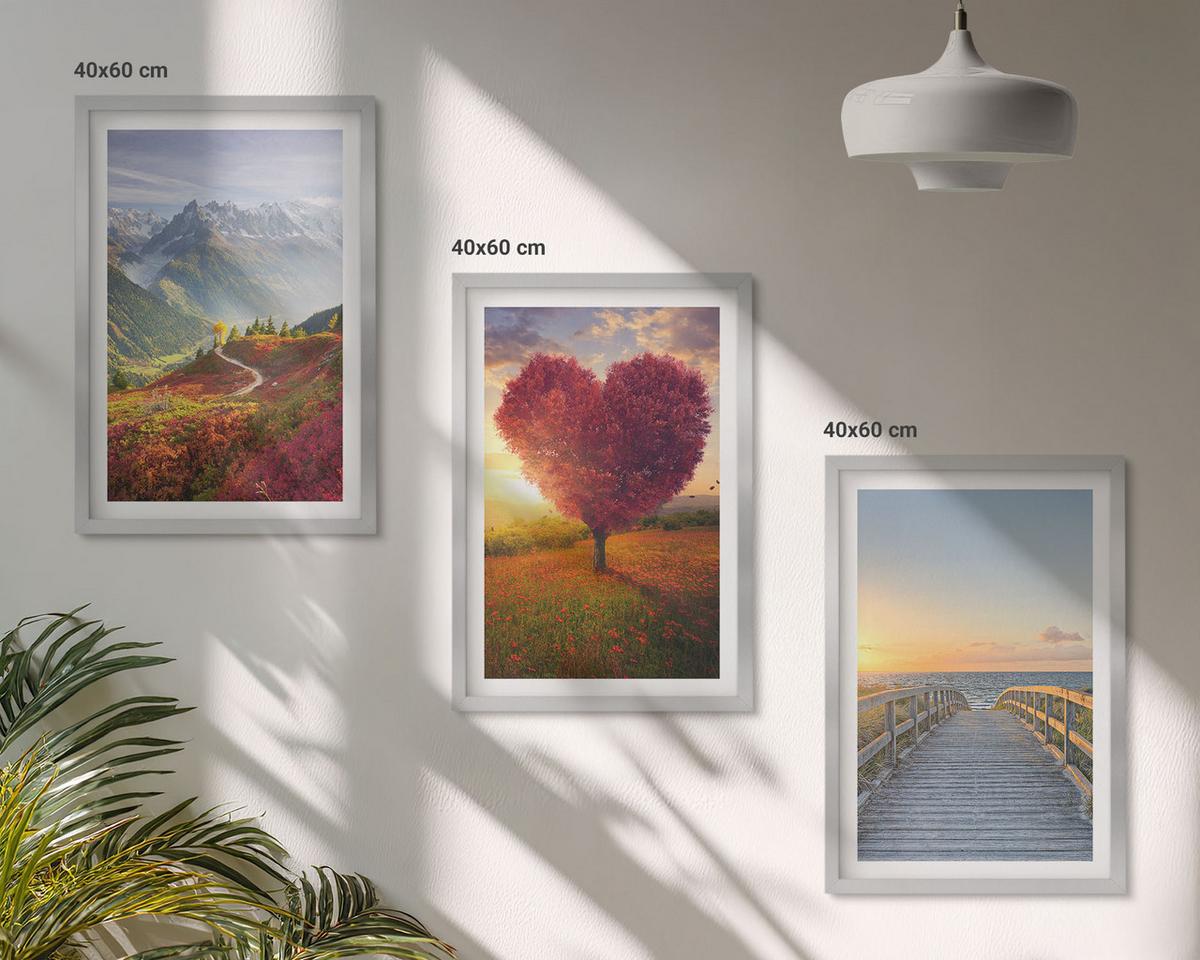 BILDER SET 3er Set - 40x60 cm Silberner Rahmen - Landschaften Berge Baum Herz Pier - Silberfarben, Kunststoff (40/60cm) - TULUP