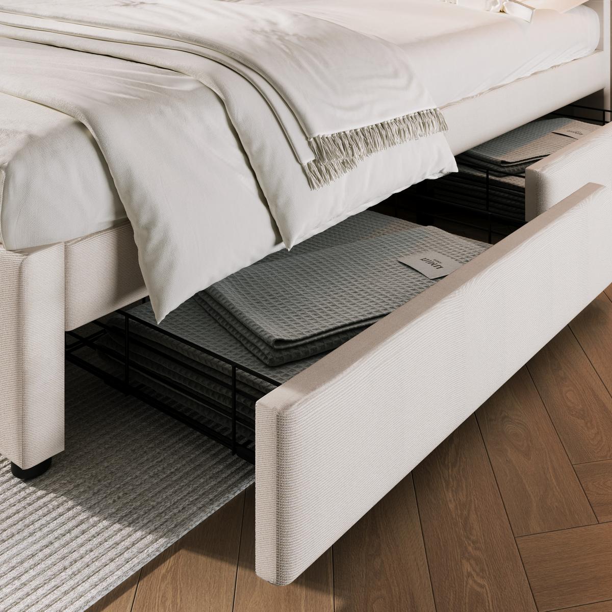 POLSTERBETT leinen-optik beige 140X200 mit 4 schubladen & integrierter ladestation - Eichefarben/Beige, Textil (140/200cm) - Urban Meuble