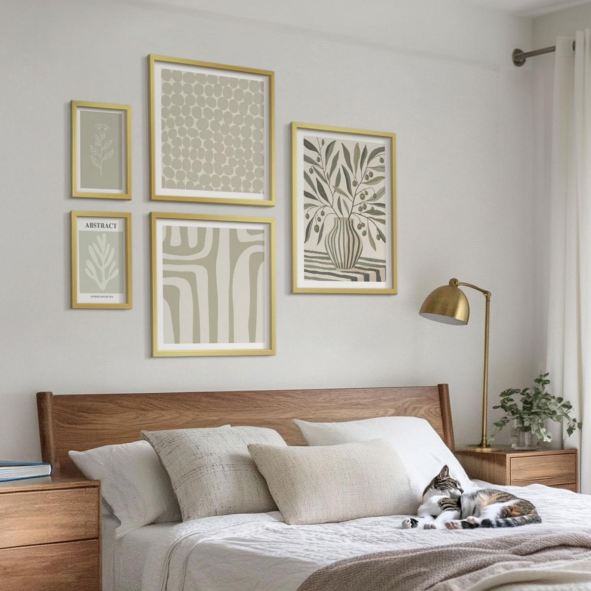 BILDER SET 5er Set - 50x50 cm & 20x30 cm & 40x60 cm Goldrahmen - Abstrakte Pflanzenmuster - Goldfarben, Kunststoff (40/60cm) - TULUP