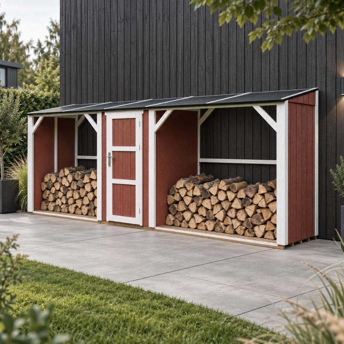BRENNHOLZLAGER doppelt mit Geräteraum 6,49 m², zwei Brennholzbereiche mit insgesamt ~8,8 m³ Fassungsvermögen - Rot, Holz (118/220/550cm) - Timbela