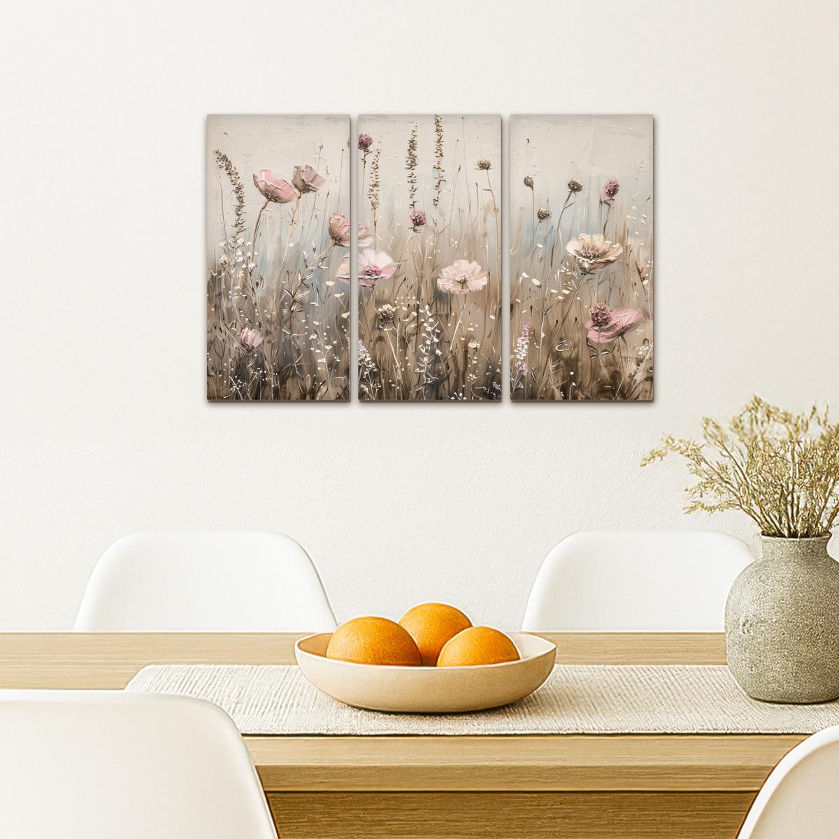LEINWANDBILD 3er Set Blumen - Beige - Modern - Rosa 60x40 cm - Ecru, Textil (60/40cm) - MuchoWow