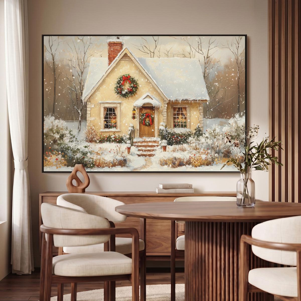 LEINWAND Bilder mit Rahmen - Weihnachten - Zuhause - Winter - Schnee - 120x80 - Creme, Textil (120/80cm) - MuchoWow