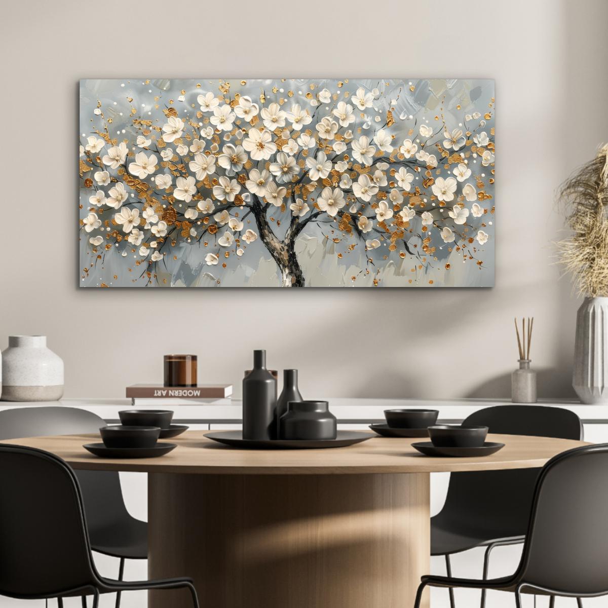 METALLBILD Baum - Blumen - Weiß - Natur - Kunst 80x40 cm - Weiß, Metall (80/40cm) - MuchoWow