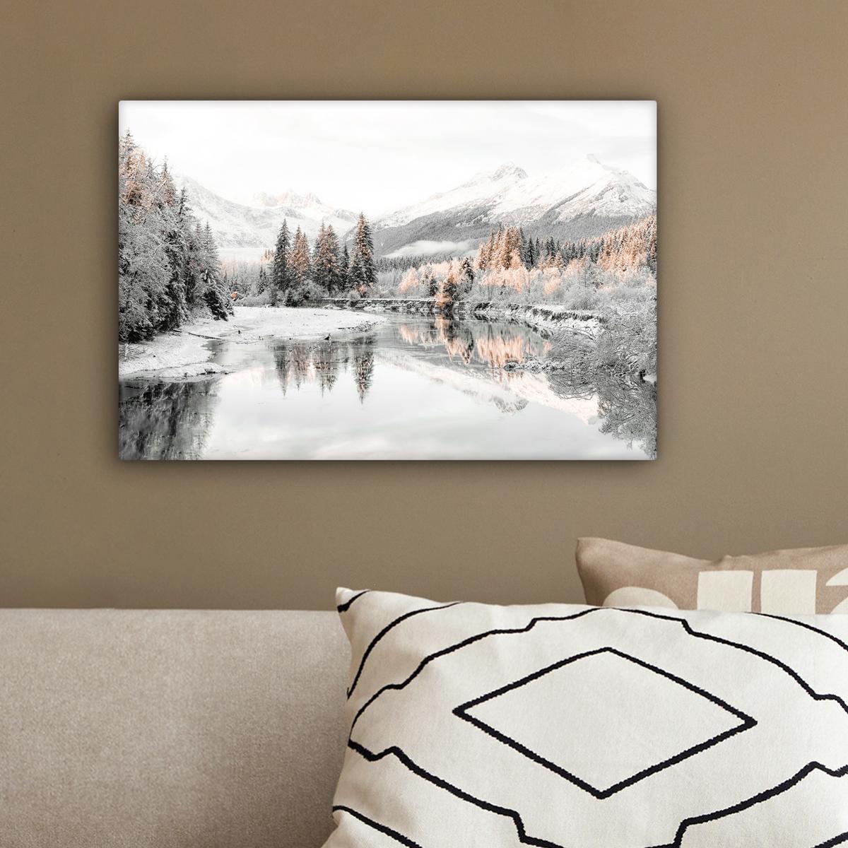 LEINWANDBILD Natur - Winter - Bäume - Berge - Schnee Deko Schlafzimmer 30x20 cm - Weiß Hochglanz, Textil (30/20cm) - MuchoWow