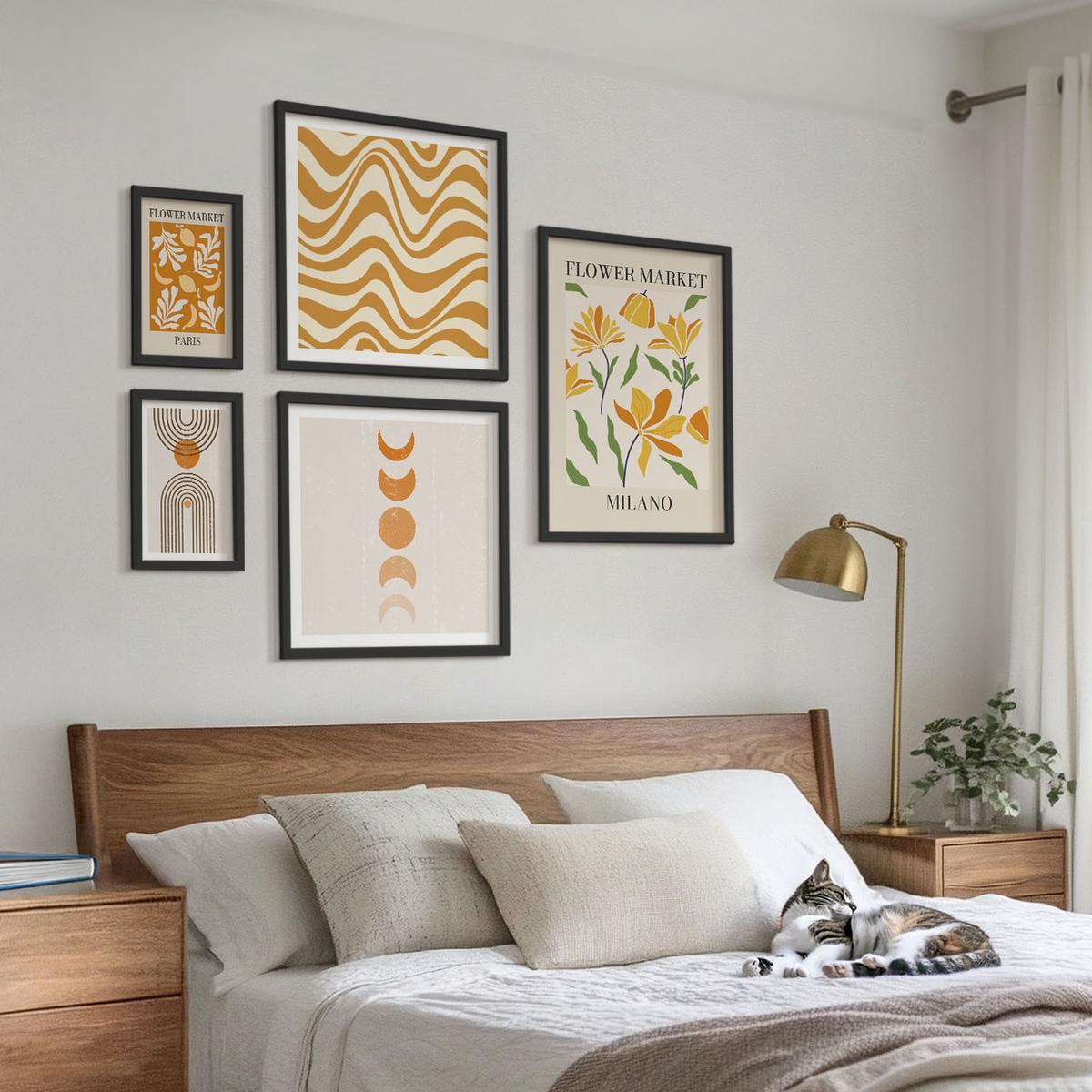 BILDER SET 5er Set - 50x50 cm & 20x30 cm & 40x60 cm Schwarzer Rahmen - Geometrische Pflanzenmuster - Schwarz, Kunststoff (40/60cm) - TULUP