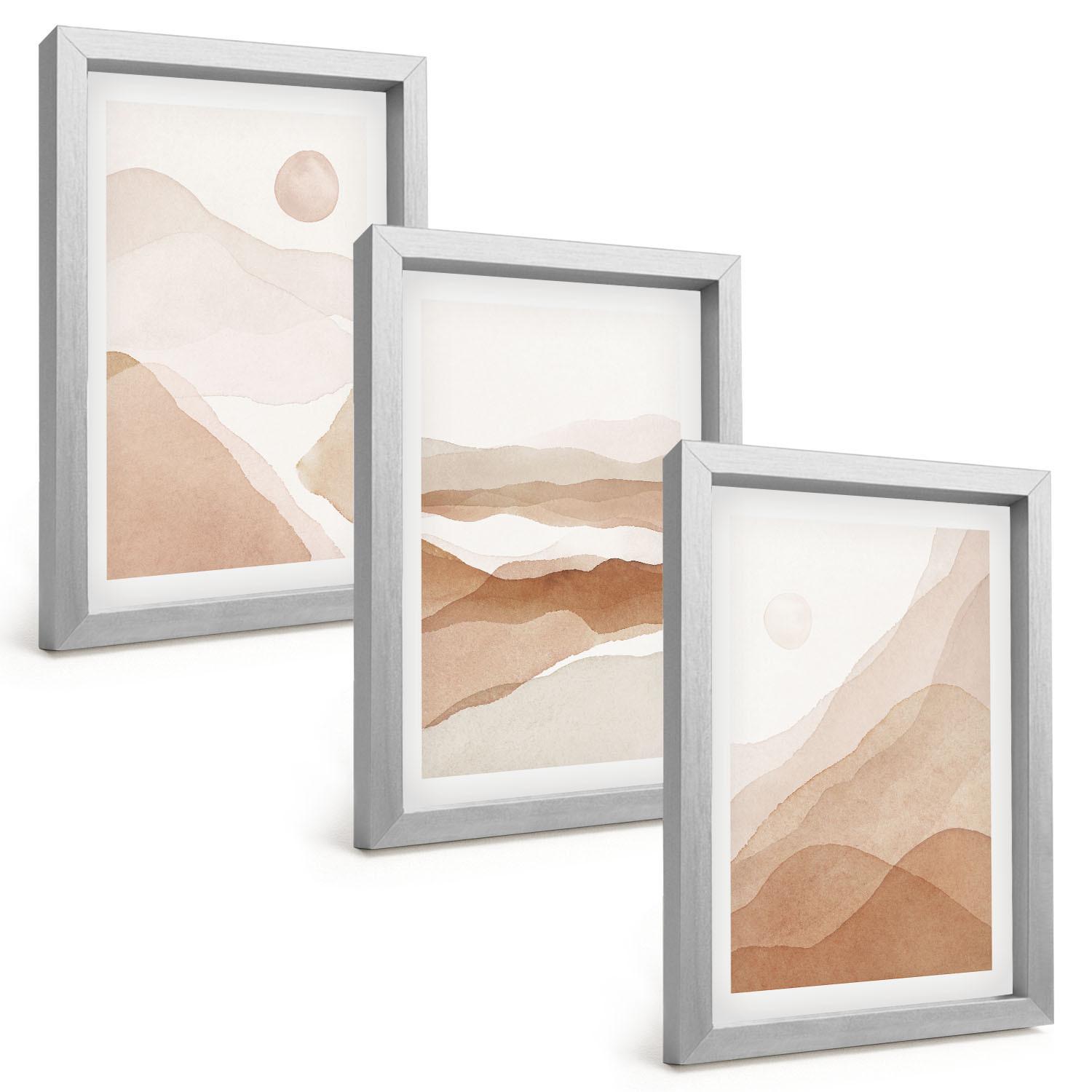 BILDER SET 3er Set - 20x30 cm Silberner Rahmen - Abstrakte braune Landschaften - Silberfarben, Kunststoff (20/30cm) - TULUP