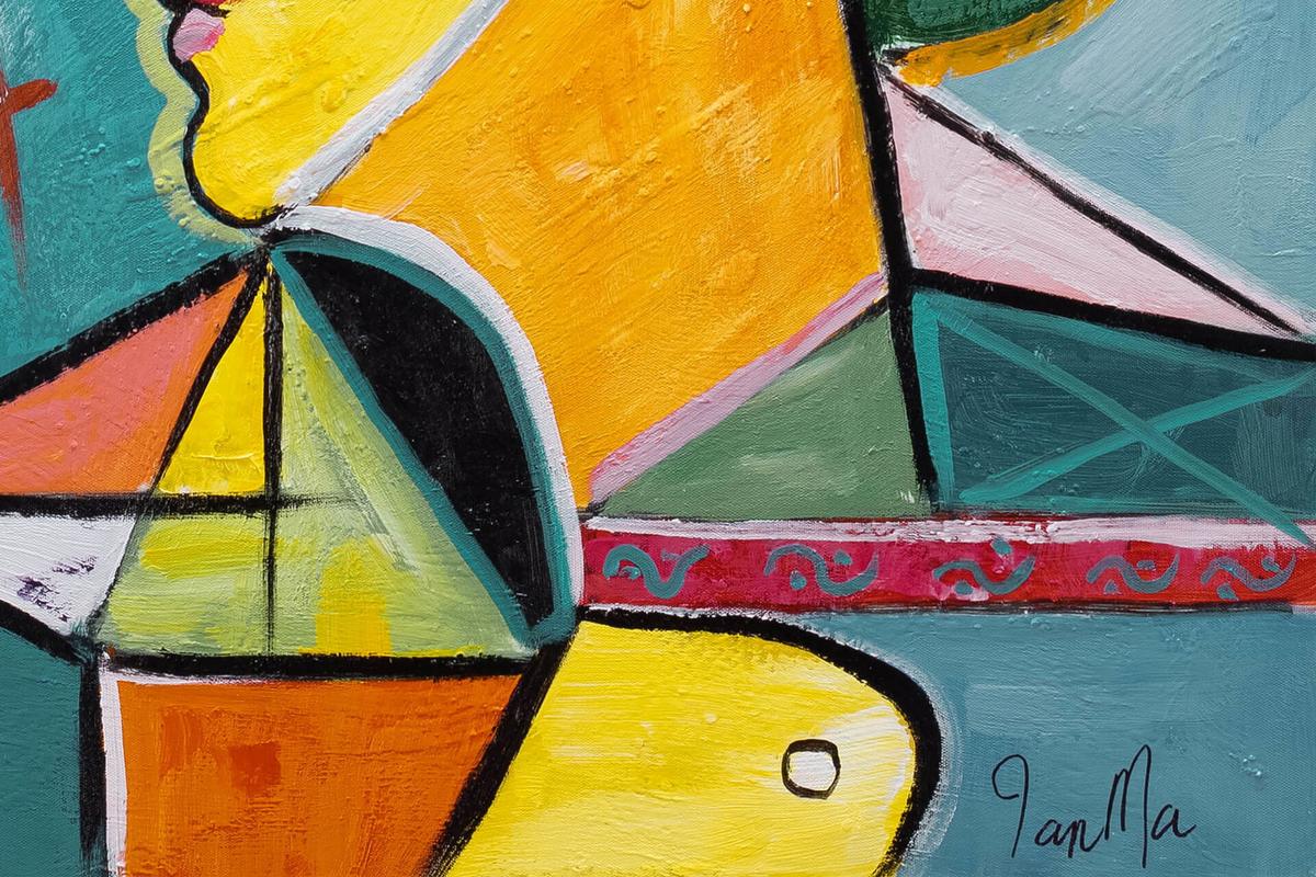 ACRYLBILD HANDGEMALT 80/80 cm - Blau/Gelb, Holz/Textil (80/80cm) - KUNSTLOFT