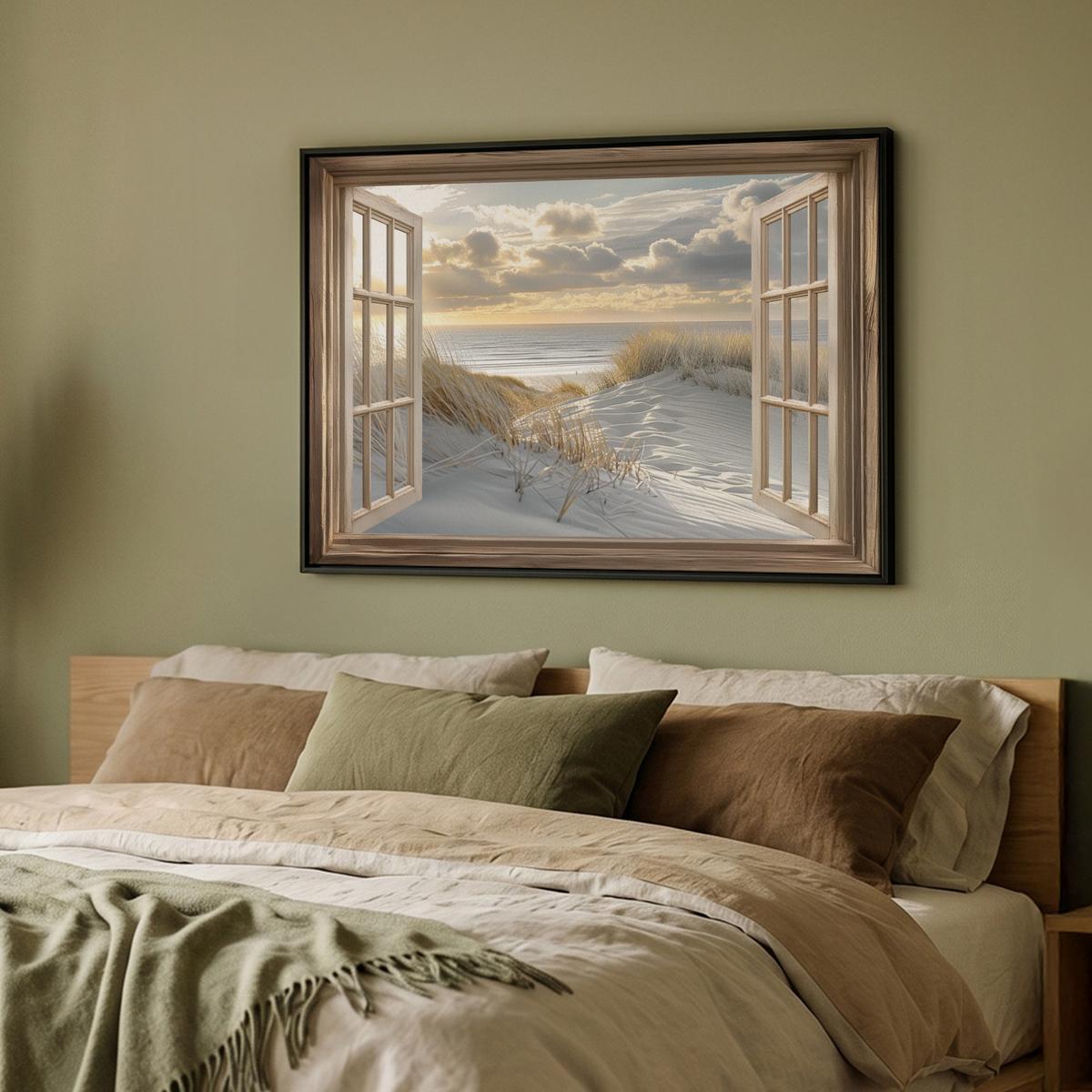 LEINWAND Bilder mit Rahmen - Ausblick - Strand - Dünen - Meer - Natur - 100x70 - Sandfarben, Textil (100/70cm) - MuchoWow