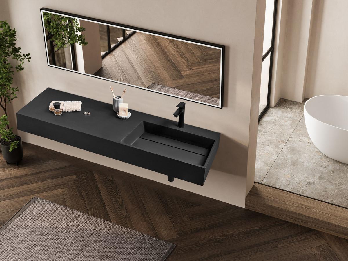 HÄNGEWASCHBECKEN Schwarz 150/48 cm Mineralguss Cusco - Schwarz, Naturmaterialen (150/13/48cm) - Beliani