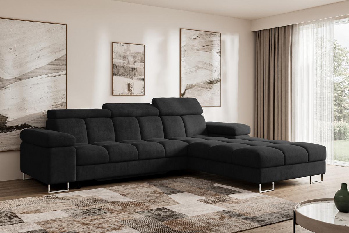 ECKSOFA mit Schlaffunktion Ottomane Rechts COMA L 271x203x79 Schwarz Velours - Schwarz, Holzwerkstoff/Textil (203/271cm) - ALTDECOR