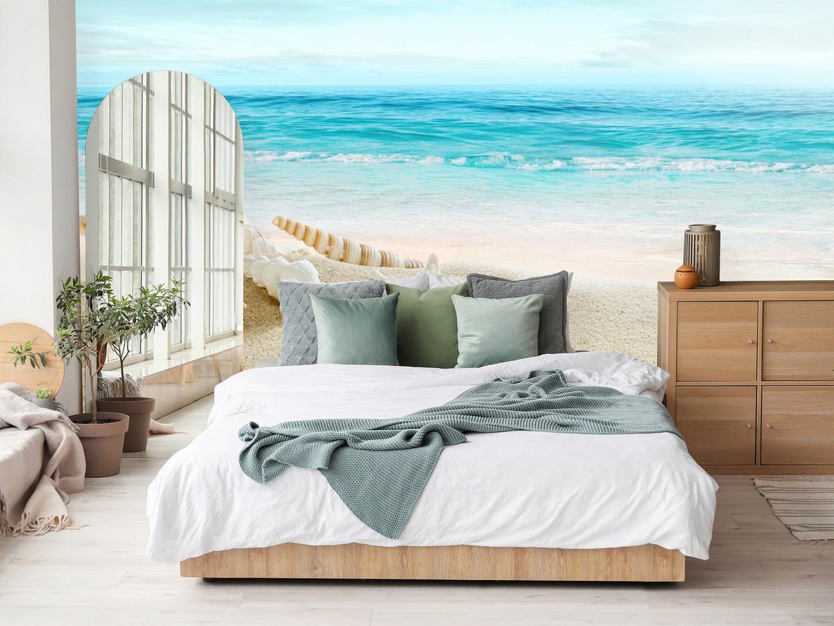 FOTOTAPETE für Badezimmer Muscheln Strand Sand Wellen Meer 500x350 - Beige/Weiß, Papier (500/350cm) - Muralo