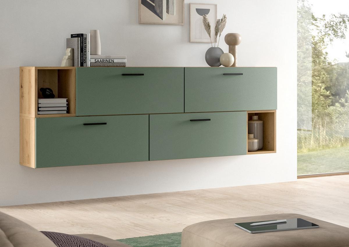 SIDEBOARD grün, Eiche Artisan 176 cm, Kommode hängend / stehend - Schwarz/Eiche Artisan, Holzwerkstoff/Kunststoff (176/65/34cm) - Inn.Furn