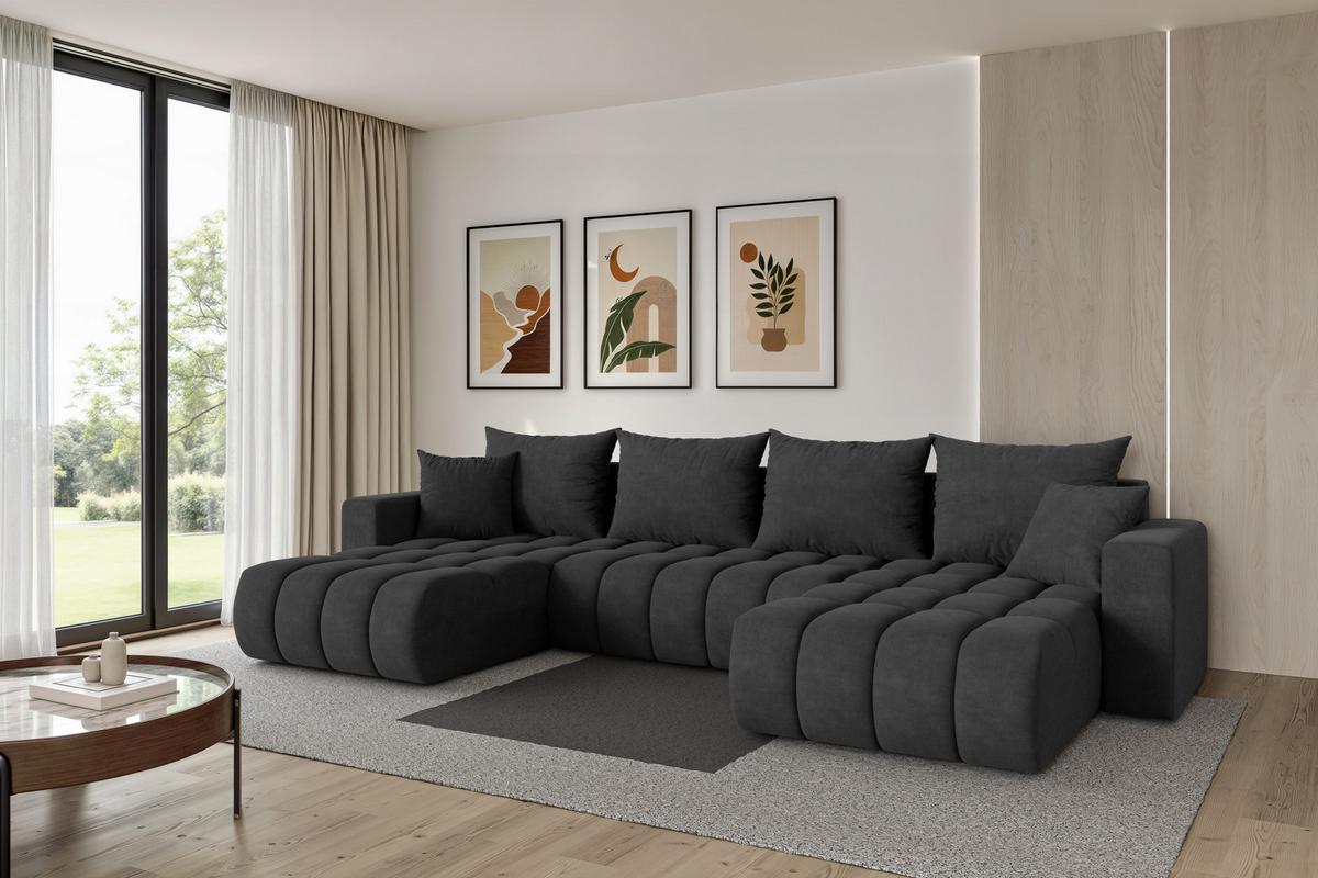 WOHNLANDSCHAFT mit Schlaffunktion und Bettkasten MILA-U-v1 378x194x86 Dunkelgrau Velours - Anthrazit/Schwarz, Holzwerkstoff/Kunststoff (378/86/194cm) - ALTDECOR