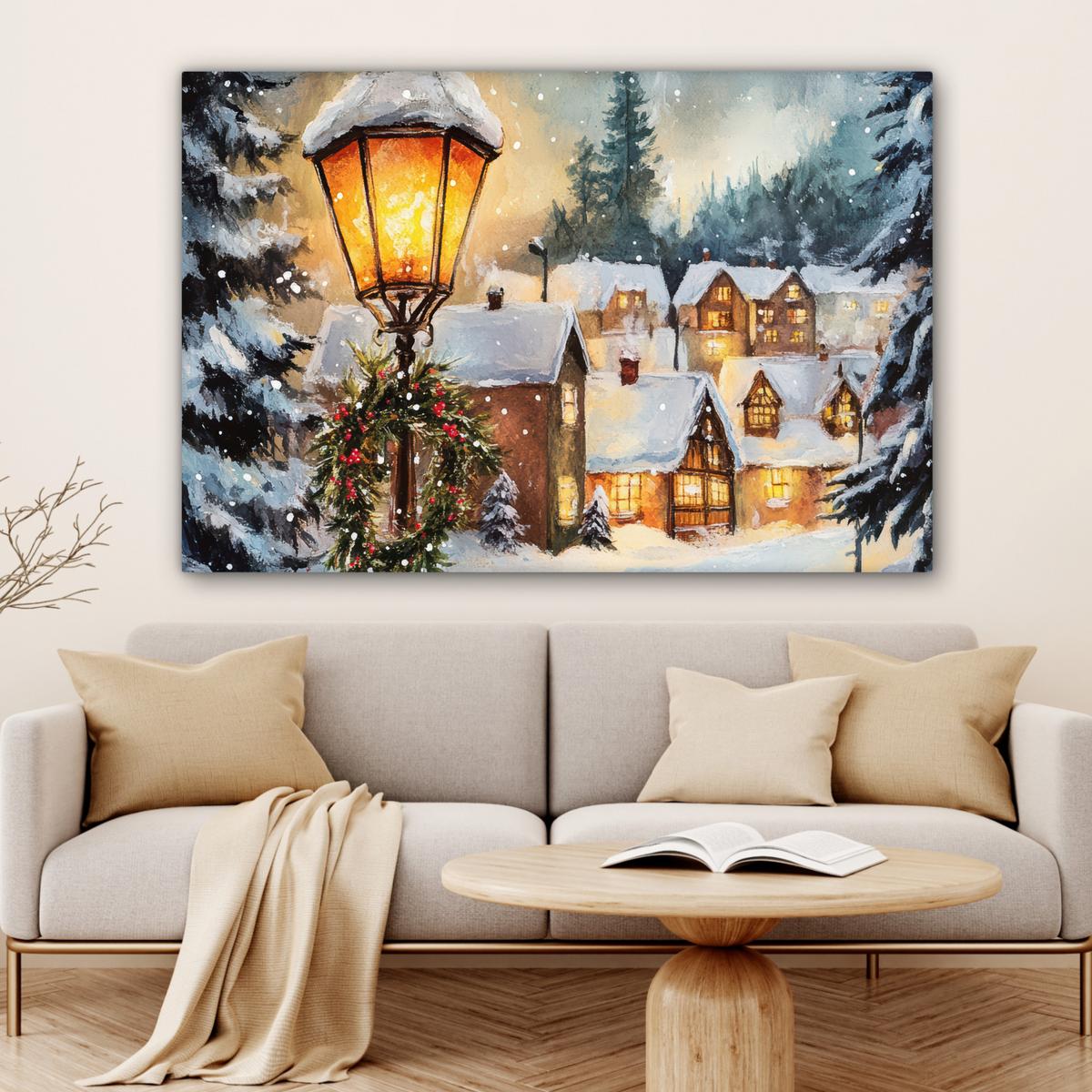LEINWANDBILD Weihnachtsdorf - Häuser - Schnee - Weihnachten Groß 140x90 cm - Sandfarben, Textil (140/90cm) - MuchoWow