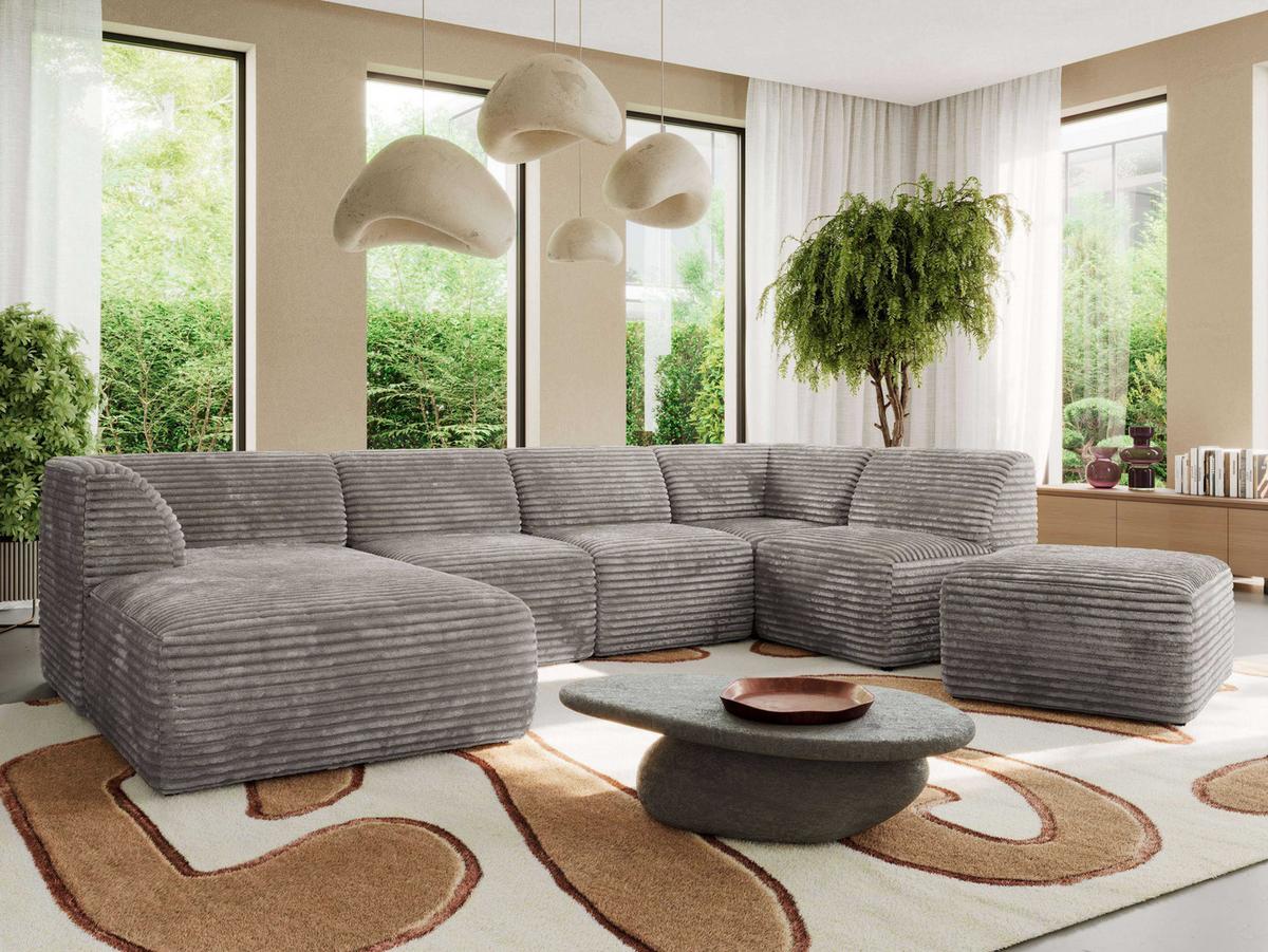 WOHNLANDSCHAFT MODARO U 6M - Hellbraun Cord - Links - Hellbraun/Schwarz, Textil (180/78/345cm) - MKS