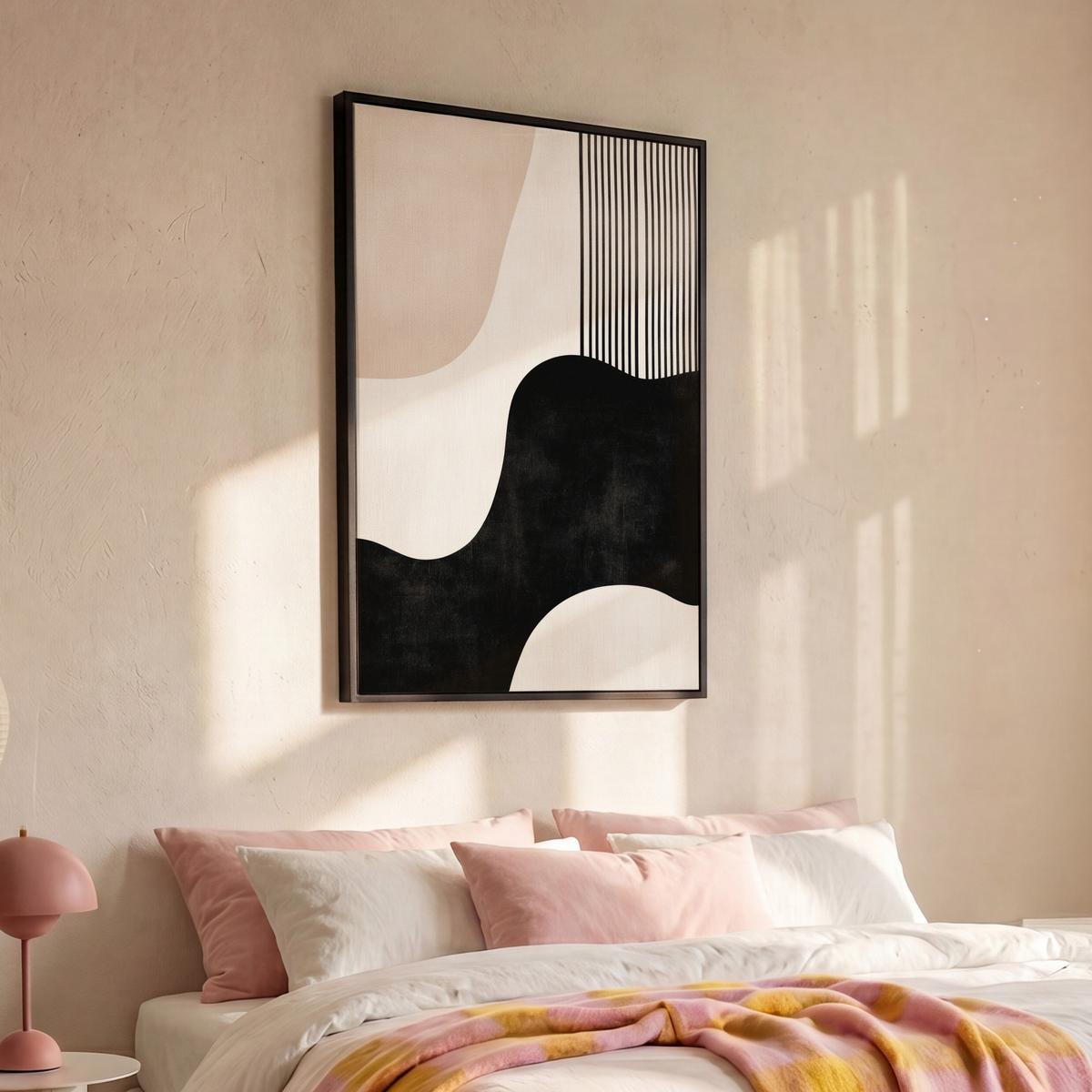 LEINWAND Bilder mit Rahmen - Abstrakt - Japandi - Beige - Modern - 80x120 - Schwarz, Textil (80/120cm) - MuchoWow