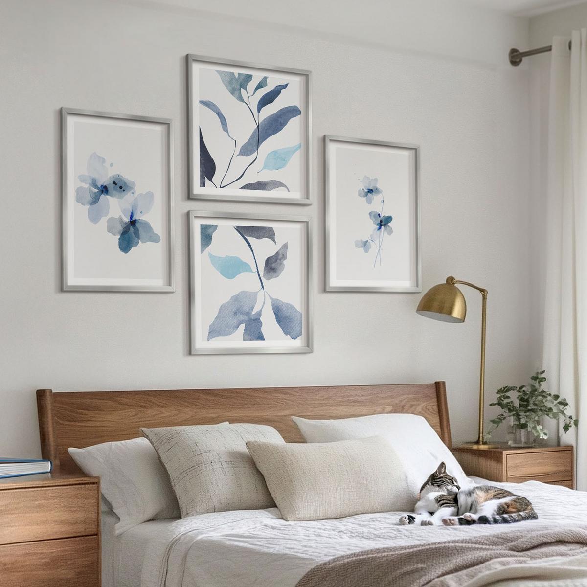 BILDER SET 4er Set - 50x50 cm & 40x60 cm Silberner Rahmen - Minimalistische blaue Blumen - Silberfarben, Kunststoff (50/50cm) - TULUP