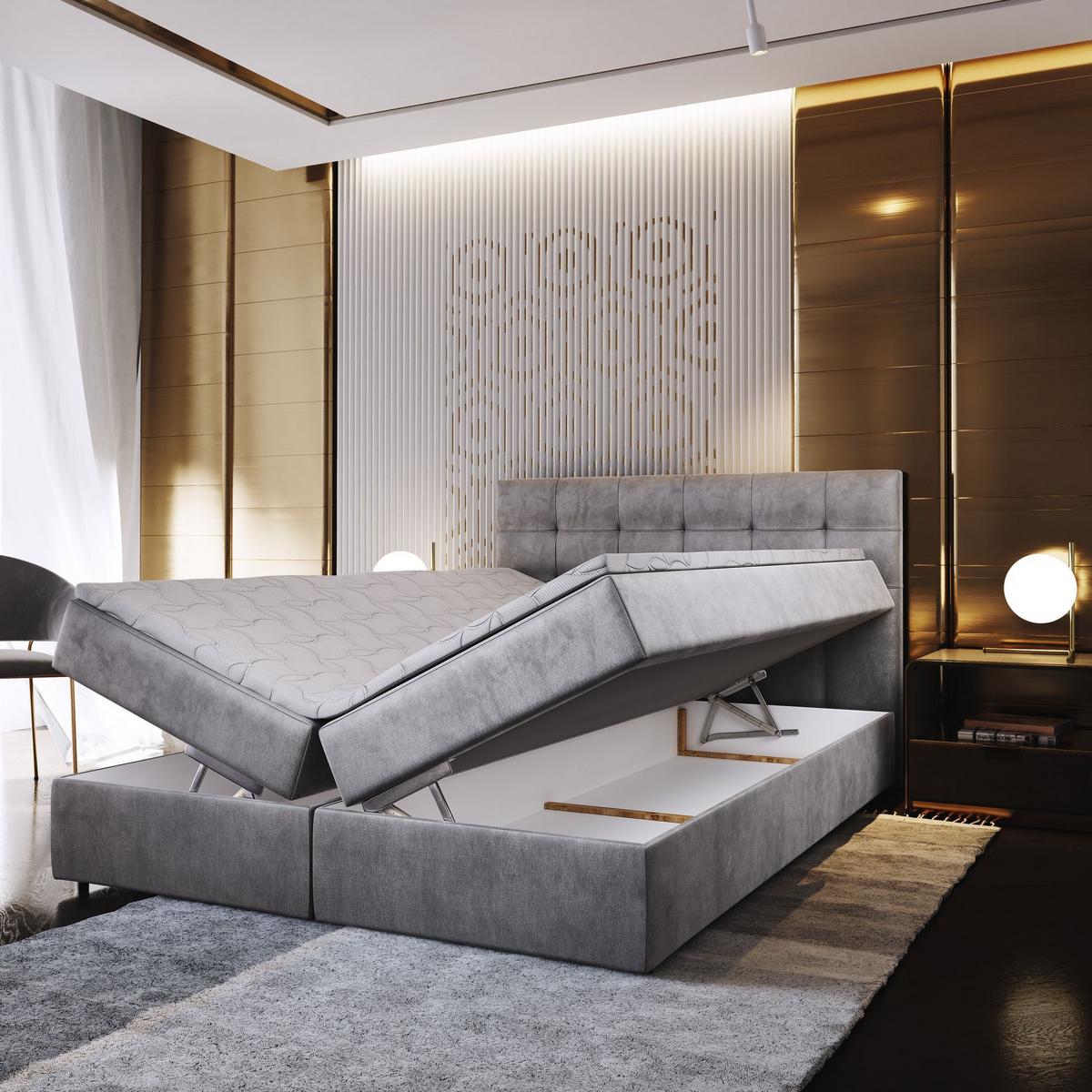 BOXBETT GLOS M 160x200 cm mit Matratze und Topper, H2+H3 - Beige - Beige, Holz (160/200cm) - MASSENO