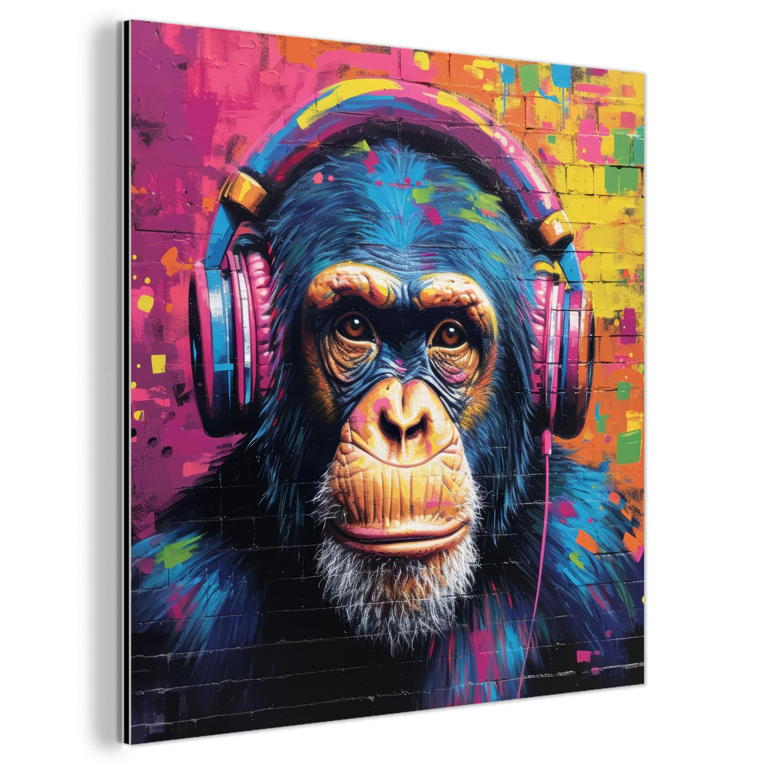 METALLBILD Graffiti - Schimpanse - Straßenkunst - Kopfhörer - Affe 20x20 cm - Blau, Metall (20/20cm) - MuchoWow