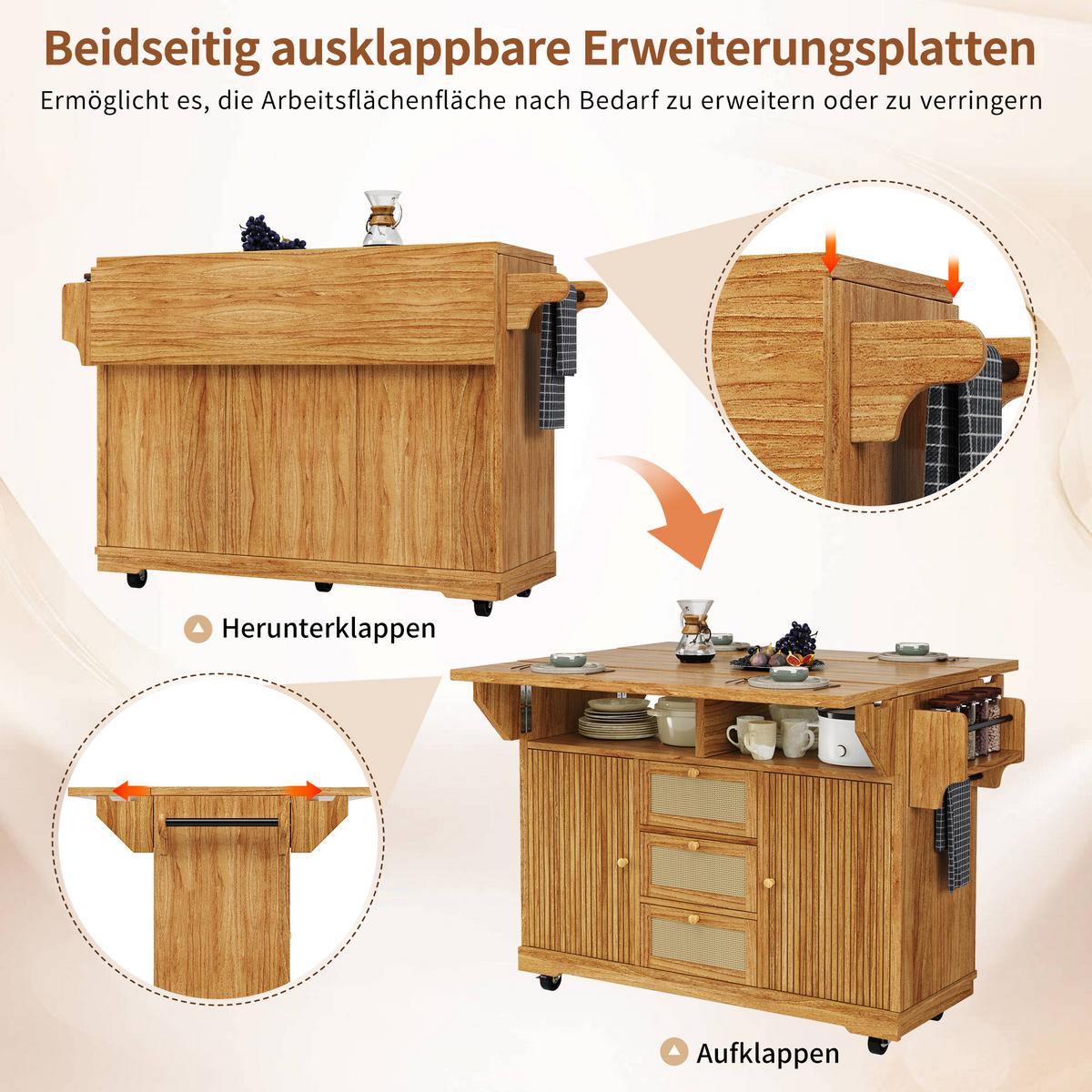 KÜCHENINSEL Dunkelbraun Ausklappbar Mit PE-Rattanschubladen & Rollen - Dunkelbraun, Holzwerkstoff (142.5/95/80cm) - Urban Meuble