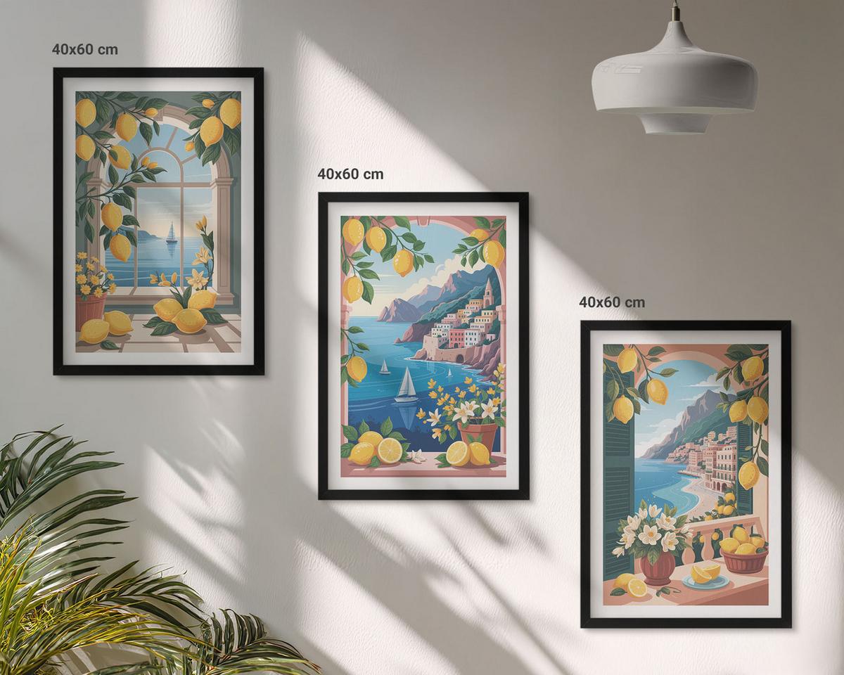 BILDER SET 3er Set - 40x60 cm Schwarzer Rahmen - Meerblick, italienische Zitronen - Schwarz, Kunststoff (40/60cm) - TULUP