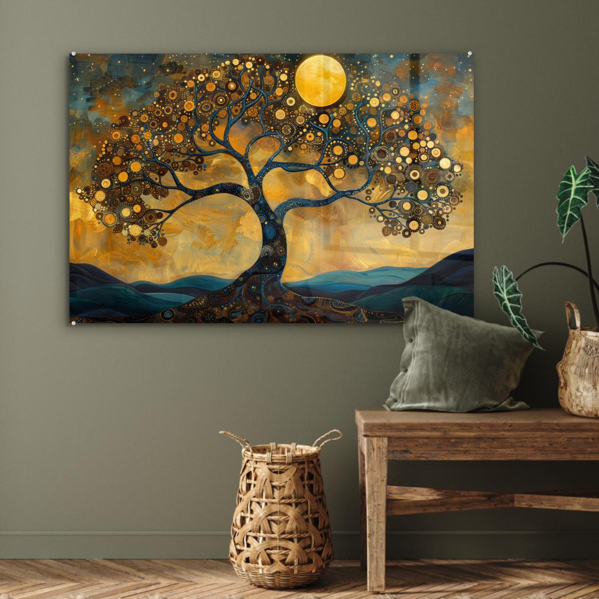 ACRYLGLASBILD Baum - Mond - Blumen - Gold - Kunst Wandbild Schlafzimmer 120x80 cm - Orange, Glas (120/80cm) - MuchoWow