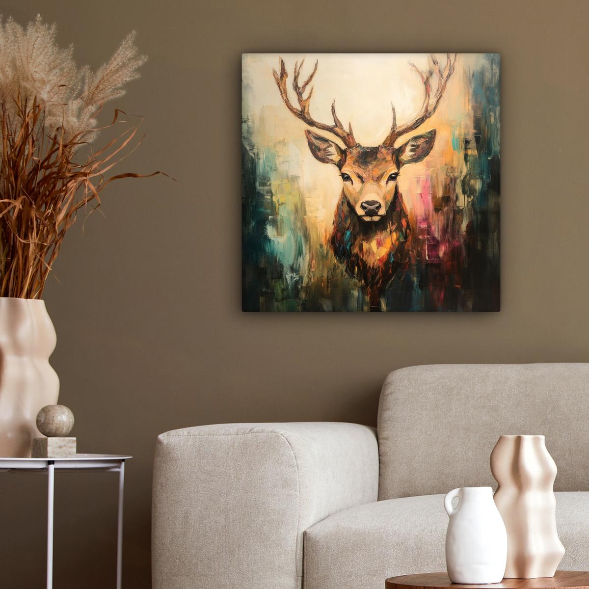 LEINWANDBILD Hirsch - Gemalt - Geweih - Braun Wandbild Wohnzimmer 50x50 cm - Haselnussfarben, Textil (50/50cm) - MuchoWow