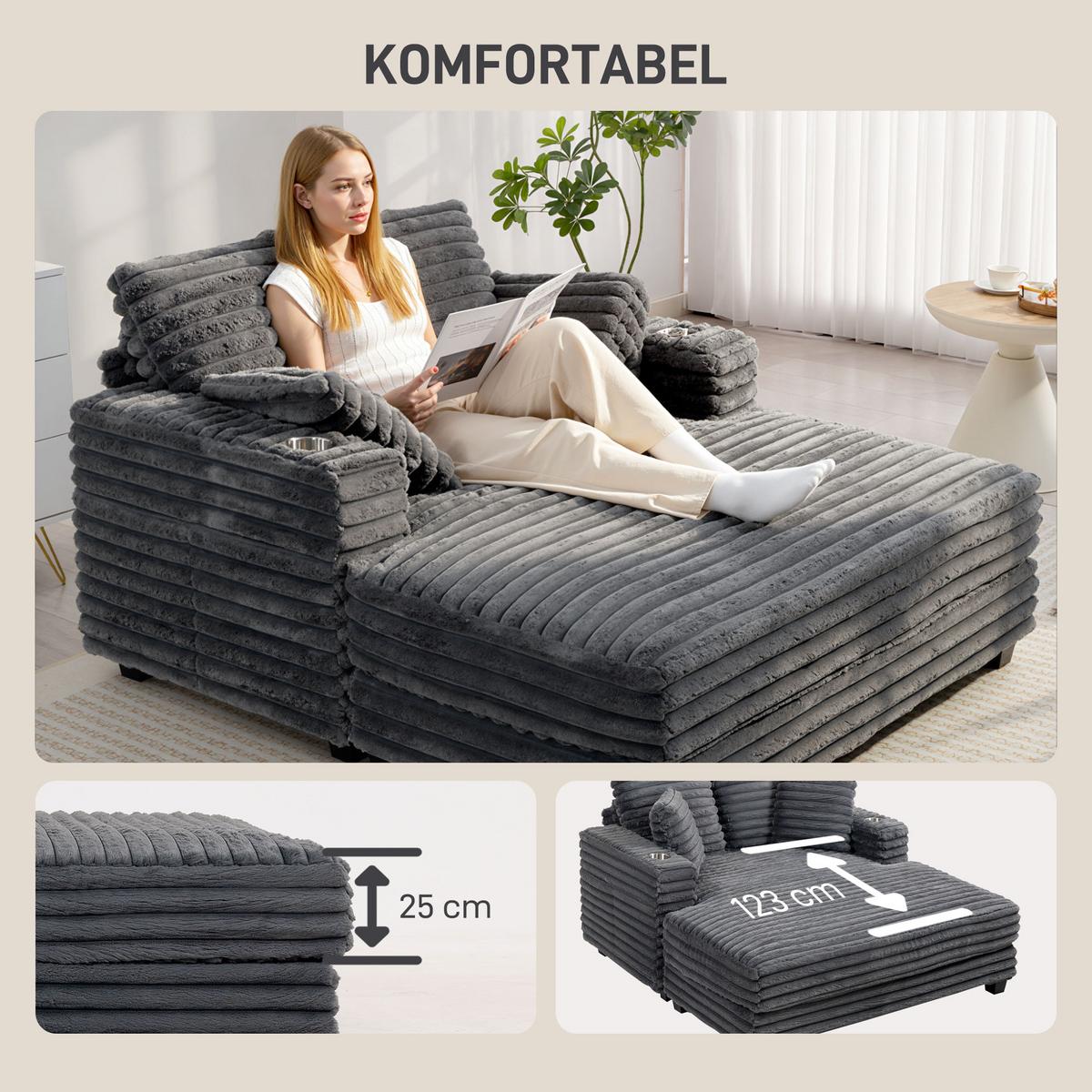 SCHLAFSOFA mit Getränkehalter 134/151/89 cm Grau - Schwarz/Grau, Kunststoff/Textil (134/89/151cm) - HOMCOM