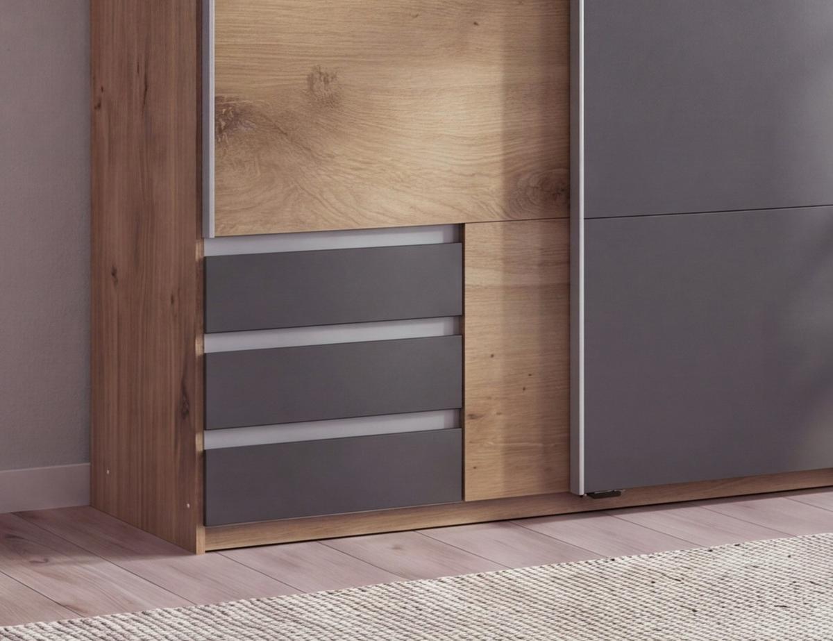 SCHWEBETÜRENSCHRANK 2-türig B135/H198/T65 cm, Kleiderschrank in Eiche Dekor, 1x Tür & sichtbare Schubkästen in Grafit / 22664 - Eichefarben/Alufarben, Holz/Holzwerkstoff (135/198/65cm) - luma-home