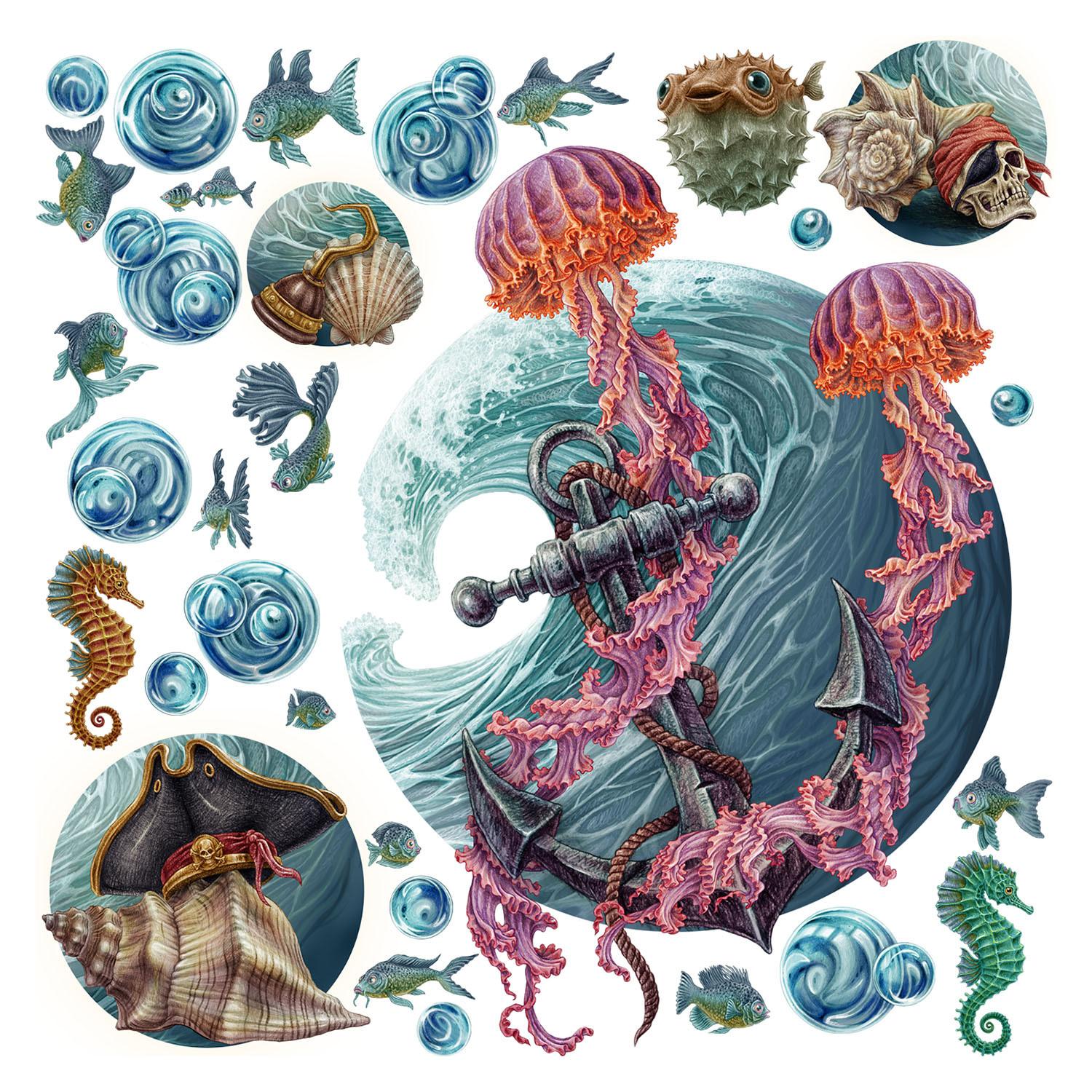 WANDAUFKLEBER 60x64cm - Die Unterwasserwelt der Quallen - Multicolor, Kunststoff (60/64/0.1cm) - Wallfluent