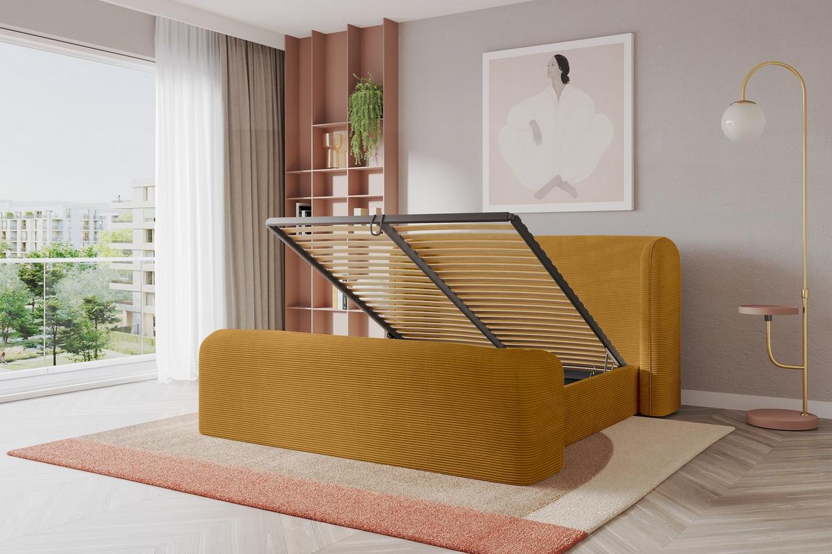 POLSTERBETT mit Bettkasten, Fußteil und Lattenrost, Bett mit Matratze H3/H4 - ESTI-Z 140x200 Senfgelb - Currygelb, Holzwerkstoff/Textil (140/200cm) - ALTDECOR