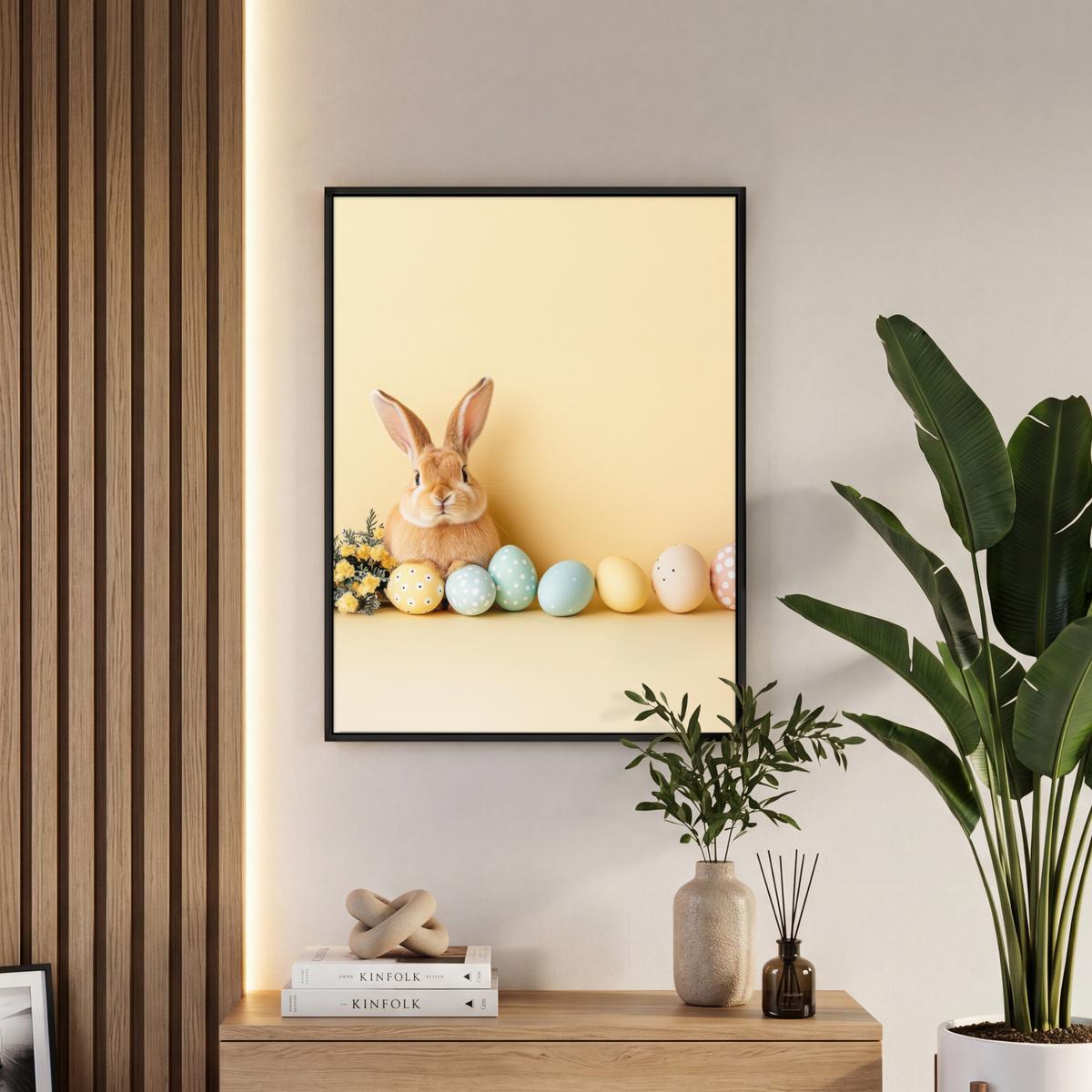 LEINWAND Bilder mit Rahmen - Eier - Kaninchen - Pastellfarbtöne - 50x70 - Hellgelb, Textil (50/70cm) - MuchoWow