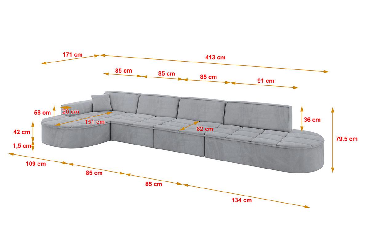 ECKSOFA Ottomane Links TARO-L3 - 413x171x79,5 cm Hellgrau - Grau, Holzwerkstoff/Textil (413/171cm) - ALTDECOR