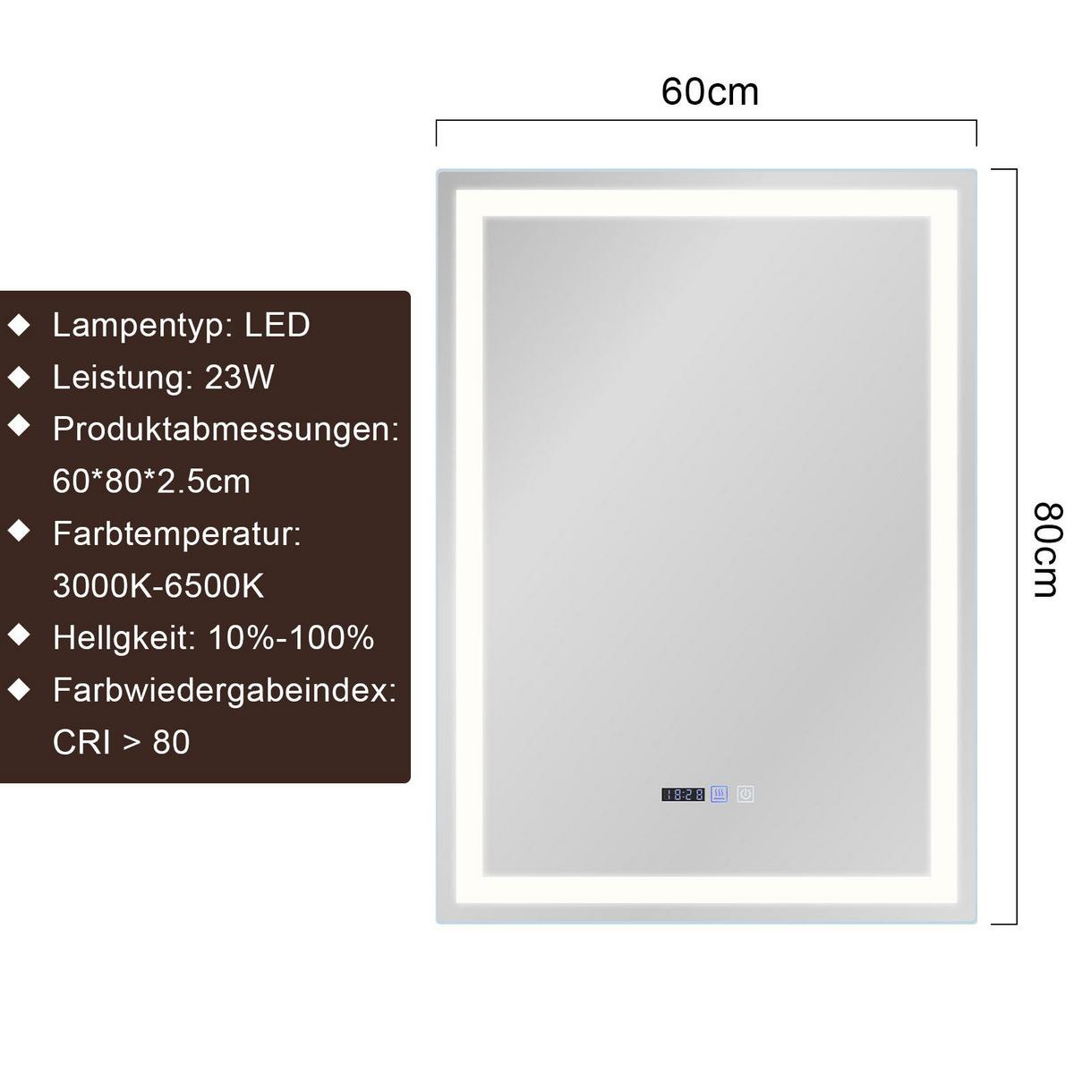 BADEZIMMERSPIEGEL Jena mit LED-Leuchte 60/80/2.5 cm - Weiß, Glas (80/2.5/60cm) - Nettlife