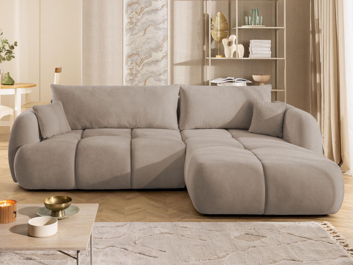 ECKSOFA Loretto aus natürlichem Greige Webstoff mit Schlaffunktion, Bettkasten und tiefen Steppungen in Bubble-Optik - Greige/Schwarz, Holz/Kunststoff (275/180cm) - S-Style