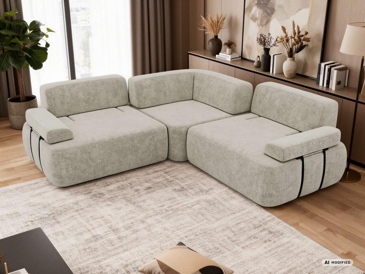 ECKSOFA MIREO L - Creme Schenille grob gewebt - Creme/Schwarz, Kunststoff/Textil (257/257cm) - MKS