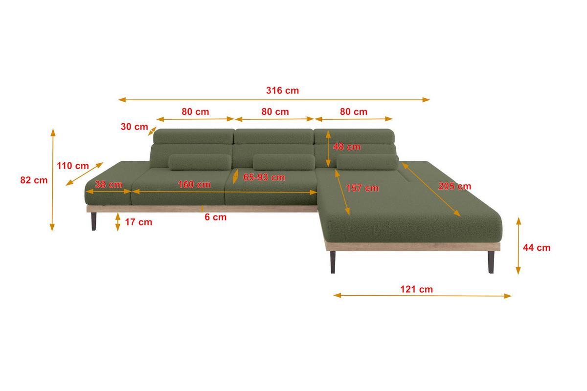 ELEKTRISCHES ECKSOFA Rechts MONA 316x205x85 Grün Bouclé - Olivgrün/Grün, Holzwerkstoff/Textil (316/205cm) - ALTDECOR