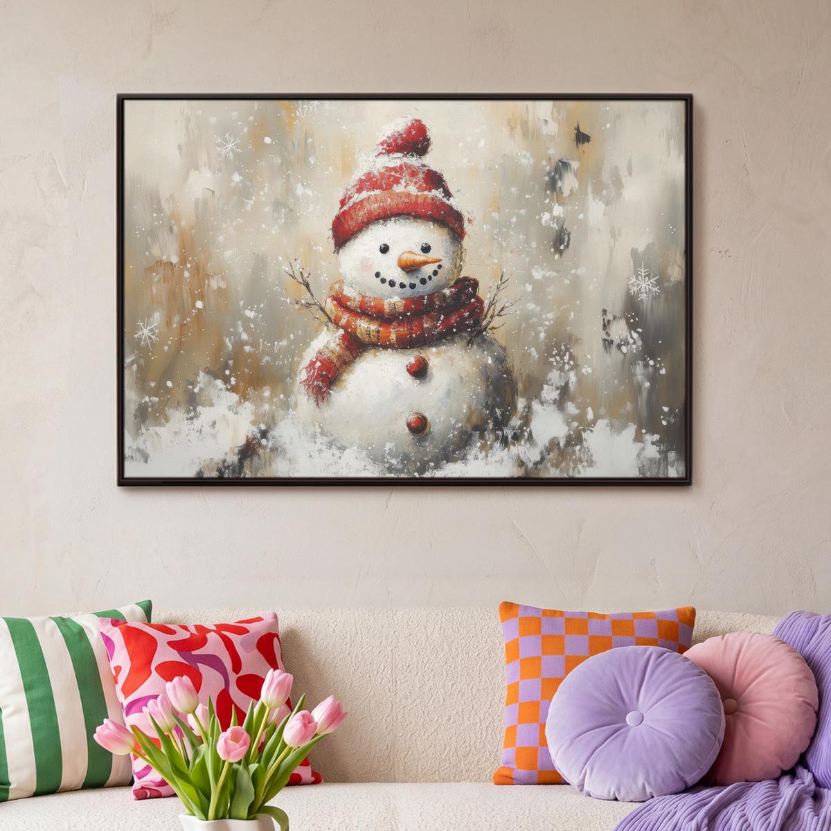 LEINWAND Bilder mit Rahmen - Schneemann - Winter - Schnee - Beige - 90x60 - Weiß, Textil (90/60cm) - MuchoWow
