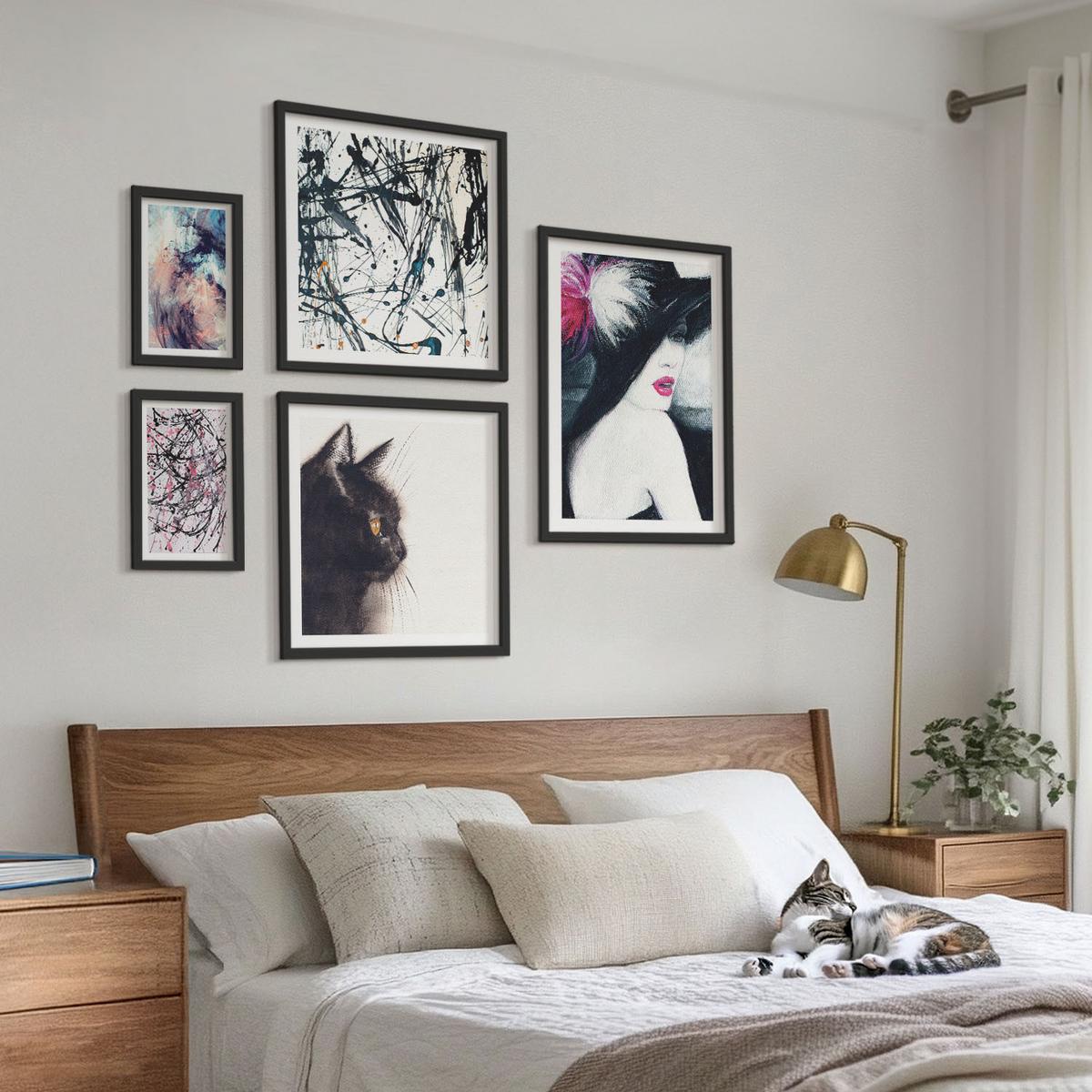BILDER SET 5er Set - 50x50 cm & 20x30 cm & 40x60 cm Schwarzer Rahmen - Hintergrundmuster mit Pastellblumen - Schwarz, Kunststoff (40/60cm) - TULUP
