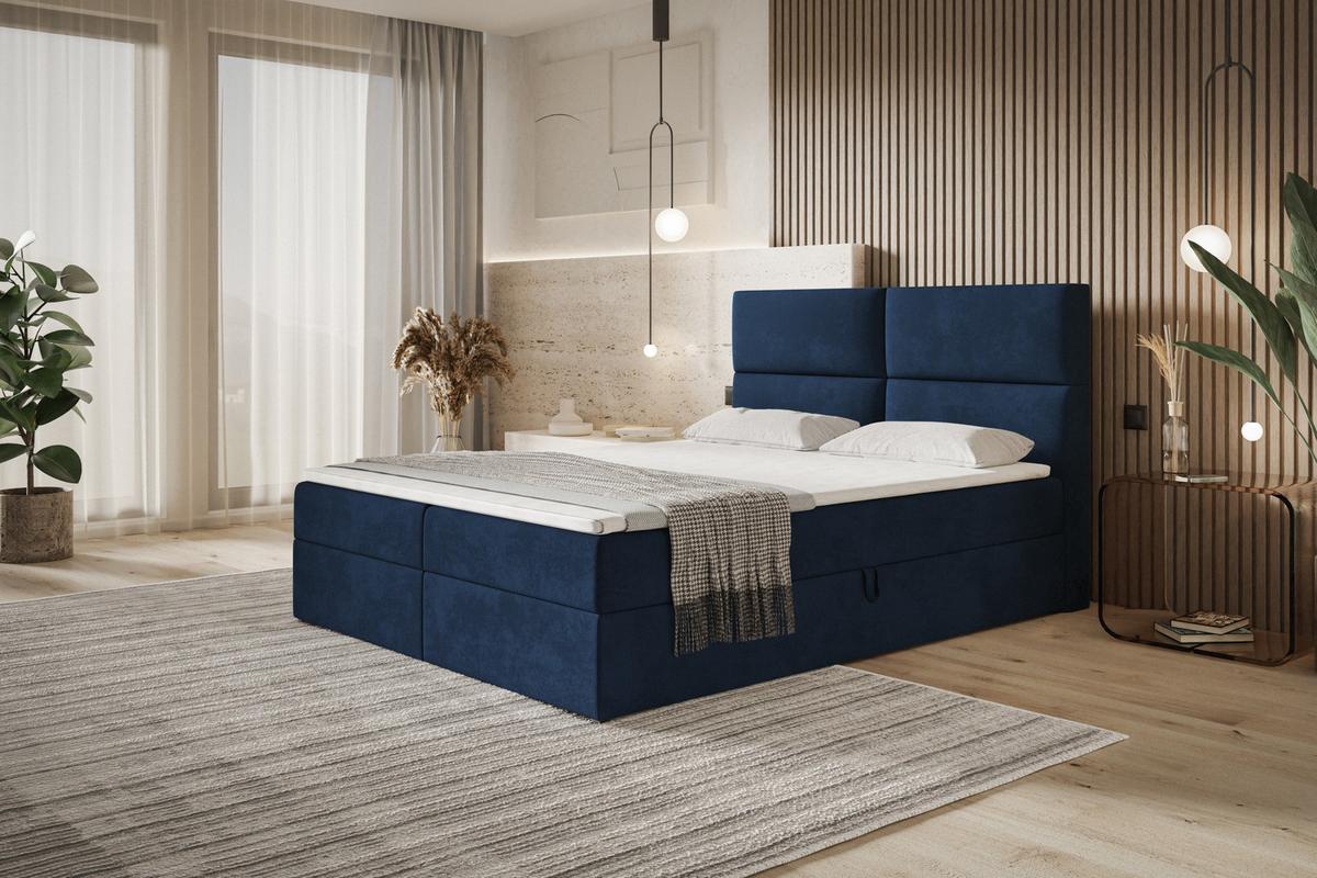 BOXBETT LIZBONA mit 2 Bettkästen, 140x200, Farbe: Dunkelblau, Velourstoff, Doppelbett mit Bonell-Matratze - Dunkelblau, Holz/Kunststoff (140/200cm) - Alpi-Möbel