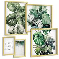 BILDER SET 5er Set - 50x50 cm & 20x30 cm & 40x60 cm Goldrahmen - Aquarell-Monstera-Blätter - Goldfarben, Kunststoff (40/60cm) - TULUP