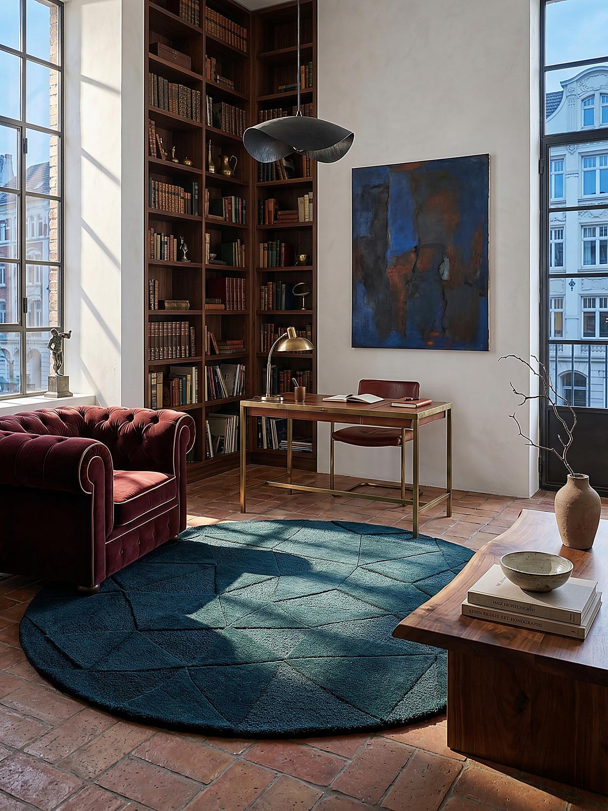 WOLLTEPPICH DEBEN, geometrisch, Petrol, Ø 160 cm - Blau, Textil (160/160cm) - KADIMA DESIGN