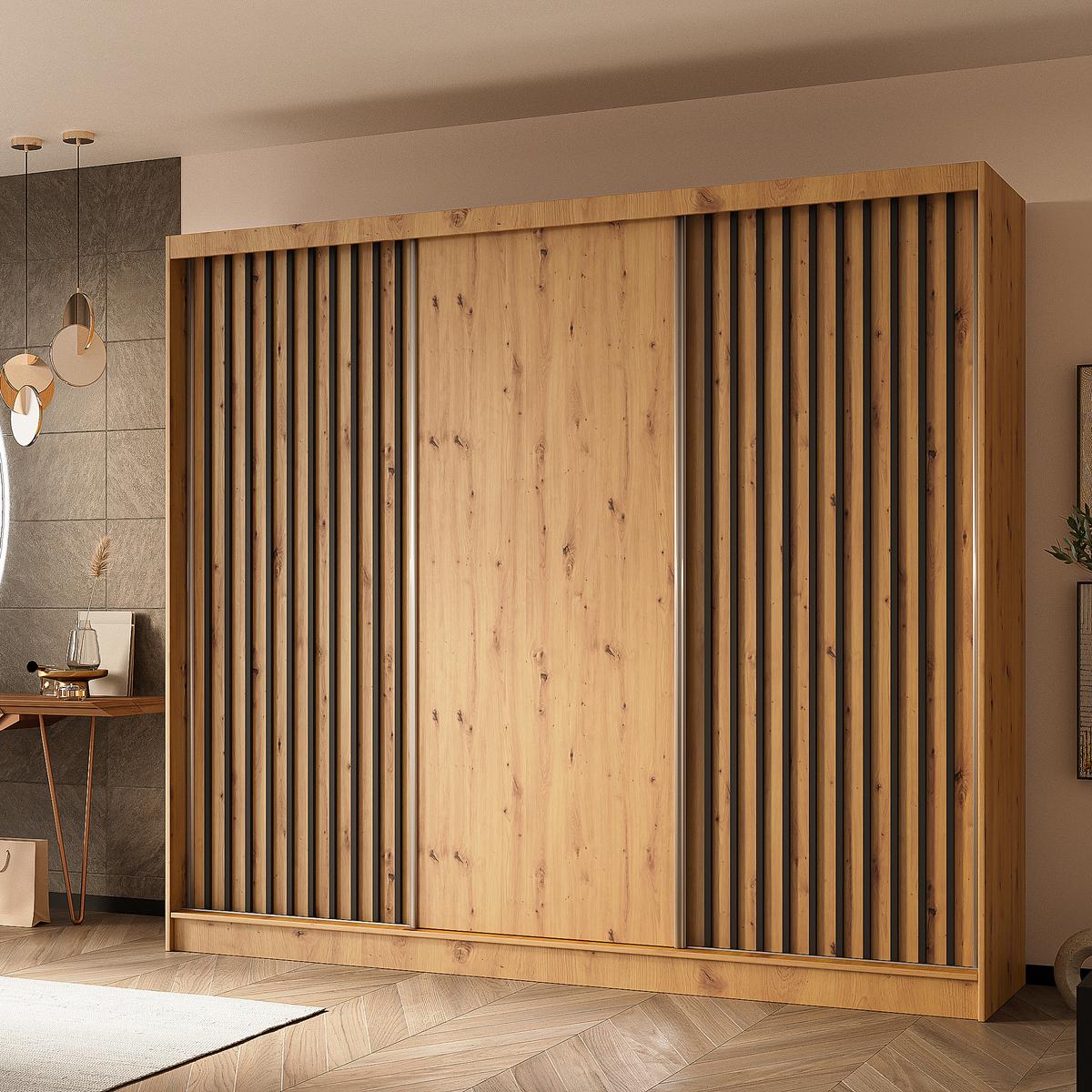 SCHWEBETÜRENSCHRANK Helios II 240/216/61 eiche Artisan+schwarz mit Schubladen - Schwarz/Eiche Artisan, Holzwerkstoff (240/216/61cm) - Beautysofa