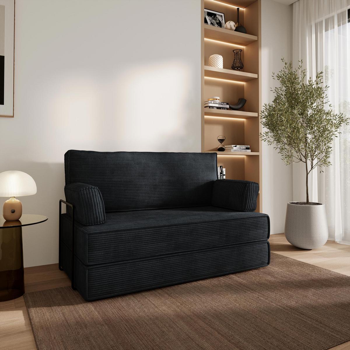 BETTSOFA LADIA aus Schaumstoff Cordstoff Schwarz Schlaffunktion - Schwarz, Textil (140/86/60cm) - MASSENO