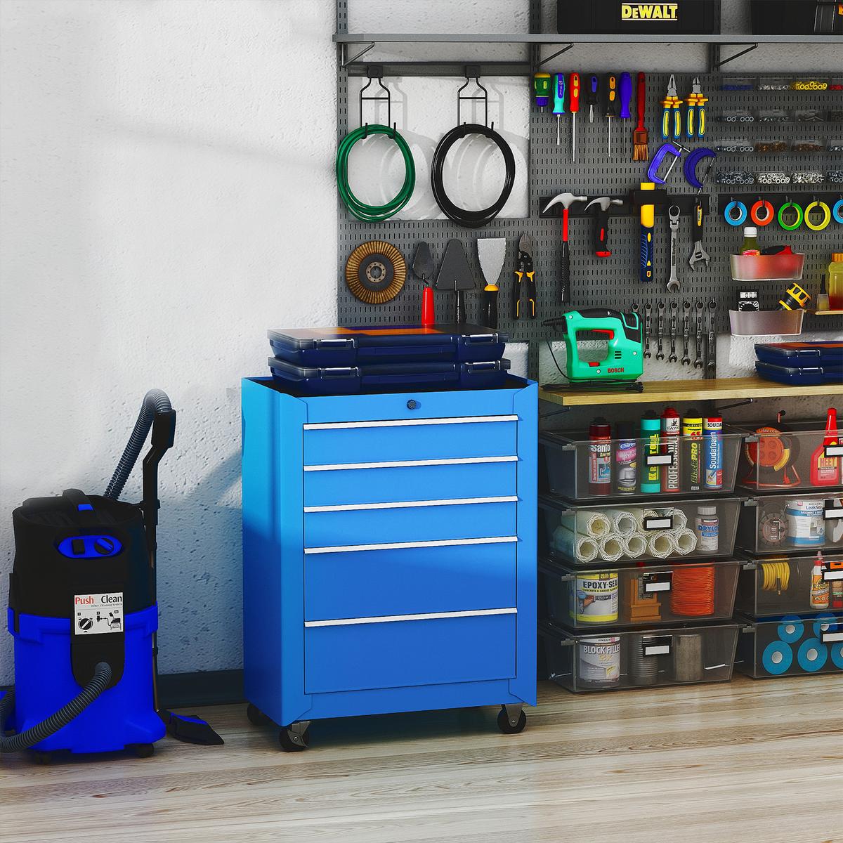 WERKZEUGWAGEN mit 5 Schubladen Blau - Blau, Metall (33/82.5/61.5cm) - HOMCOM