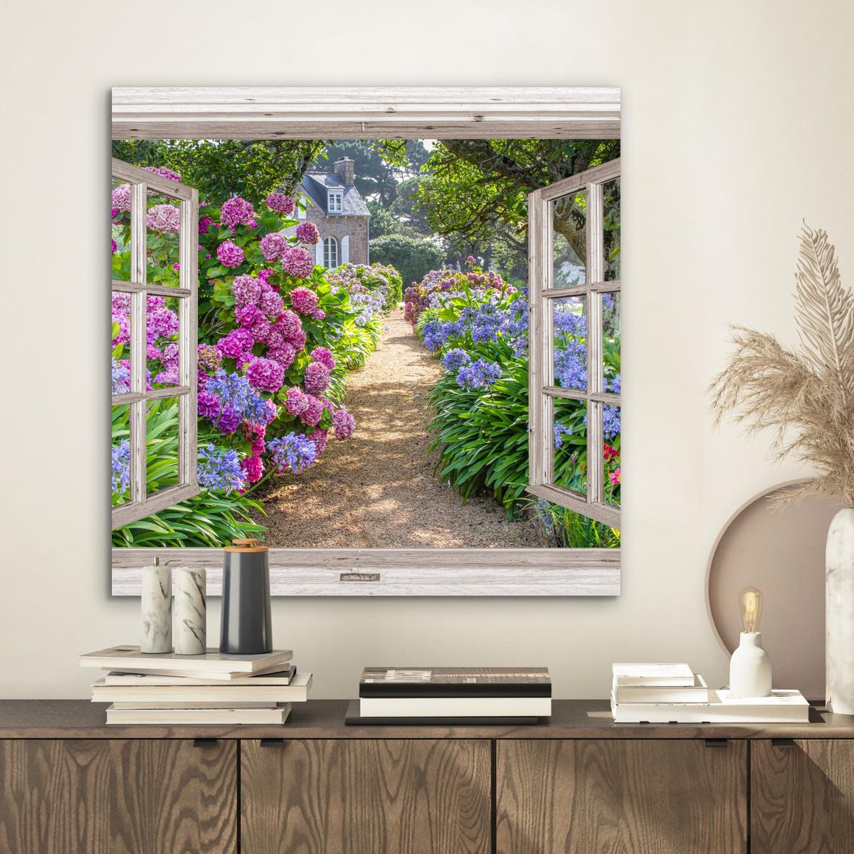 METALLBILD Hortensie - Durchsichtig - Blumen - Sommer - Lila - Weg 50x50 cm - Lila, Metall (50/50cm) - MuchoWow